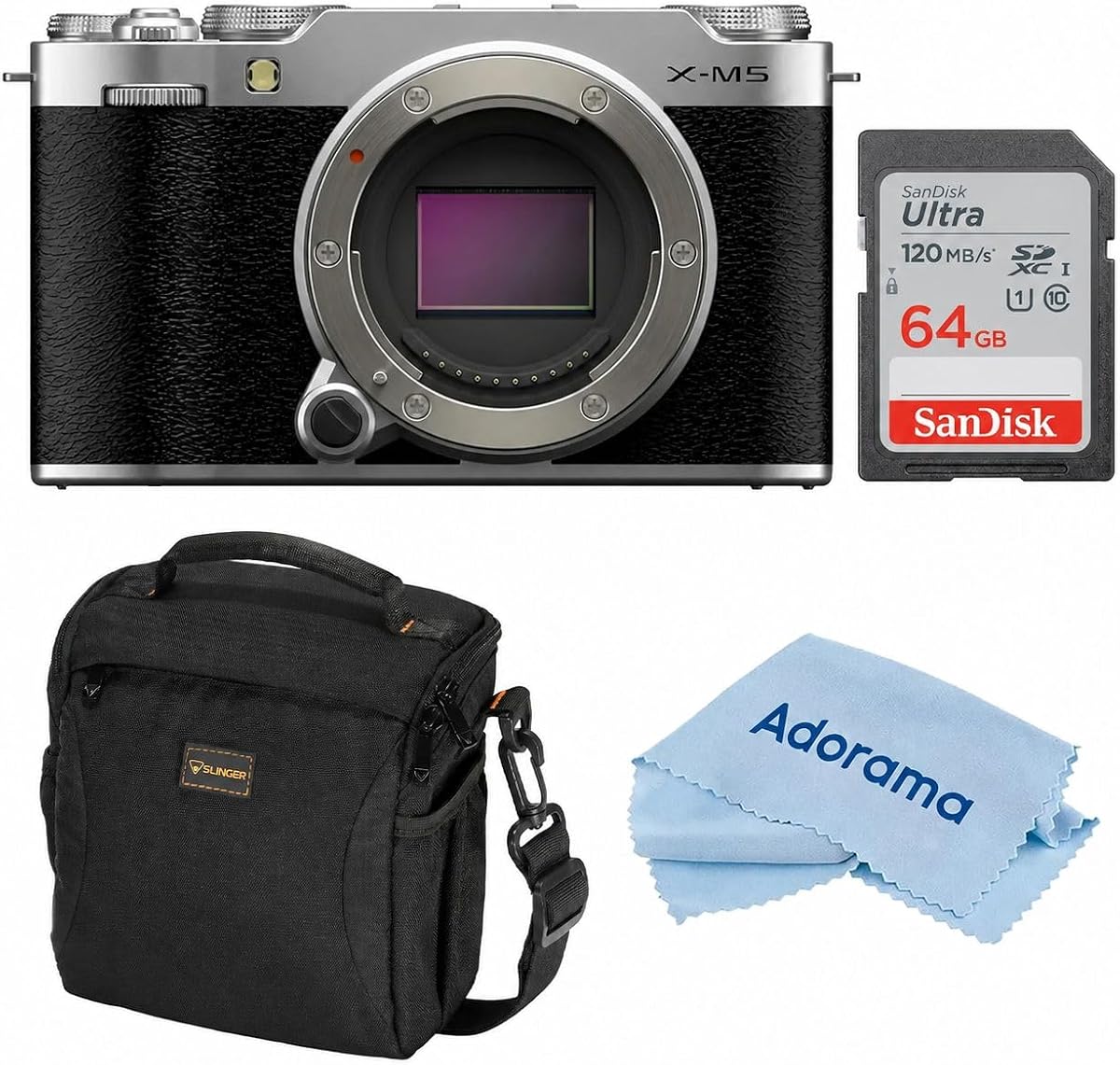 Fujifilm X-M5 Mirrorless Camera, Silver, Bundle with 64GB Memory Card, Camera Case