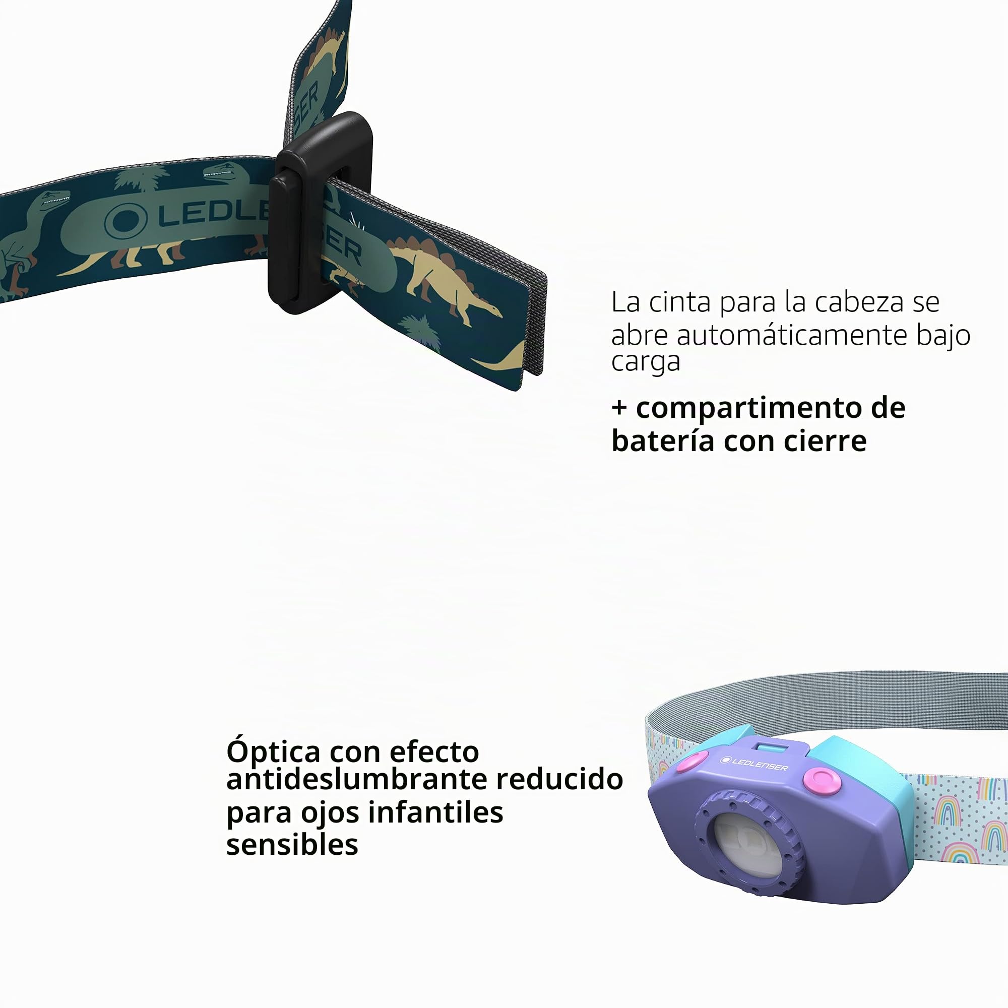 Ledlenser KidLED2 - Linterna frontal LED para niños, diseño dinosaurio, funciona con pilas, 40 lúmenes, ideal para acampadas, paseos nocturnos y exploraciones al aire libre.