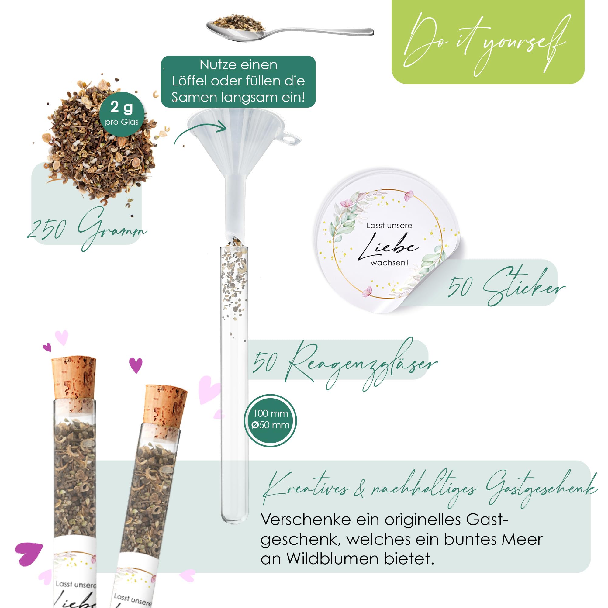 Reagenzgläser mit Blumensamen als Gastgeschenke zur Hochzeit - Besonderes Hochzeitsgeschenk für Gäste als Give Away - Lasst unsere Liebe wachsen Komplett-Set (50er Set)