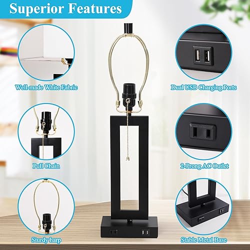 Miniatura 4 de IBBIBABO Juego de 2 lámparas de mesa industriales con 2 puertos USB y salida de CA, lámparas negras de 22.5 pulgadas, lámparas blancas modernas para