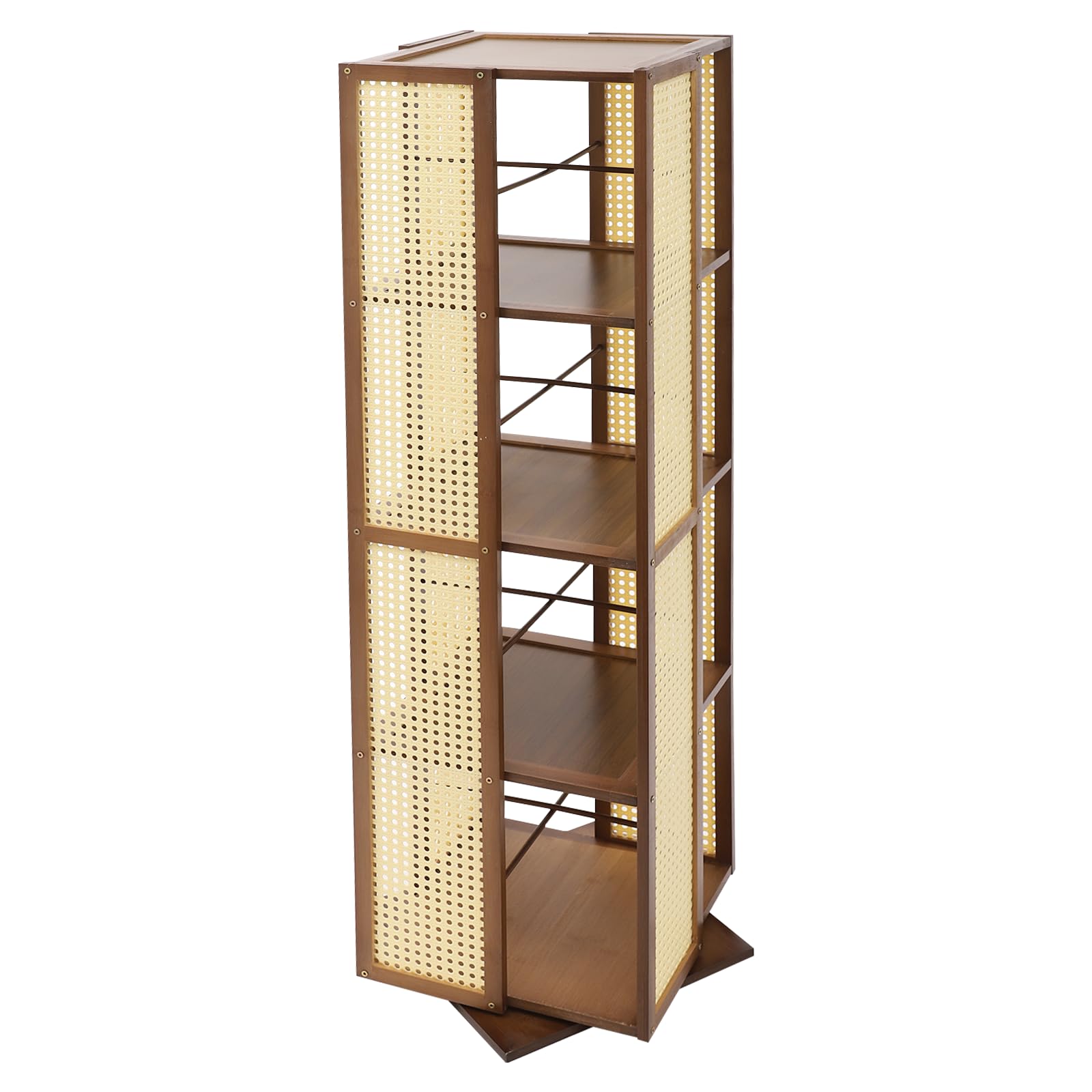 Estantería giratoria de 360° con placas perforadas, diseño de 4 niveles, distancia de 28,5 cm, bambú musgo, torre de libros, estantería giratoria de pie, salón, oficinas (marrón bronceado)