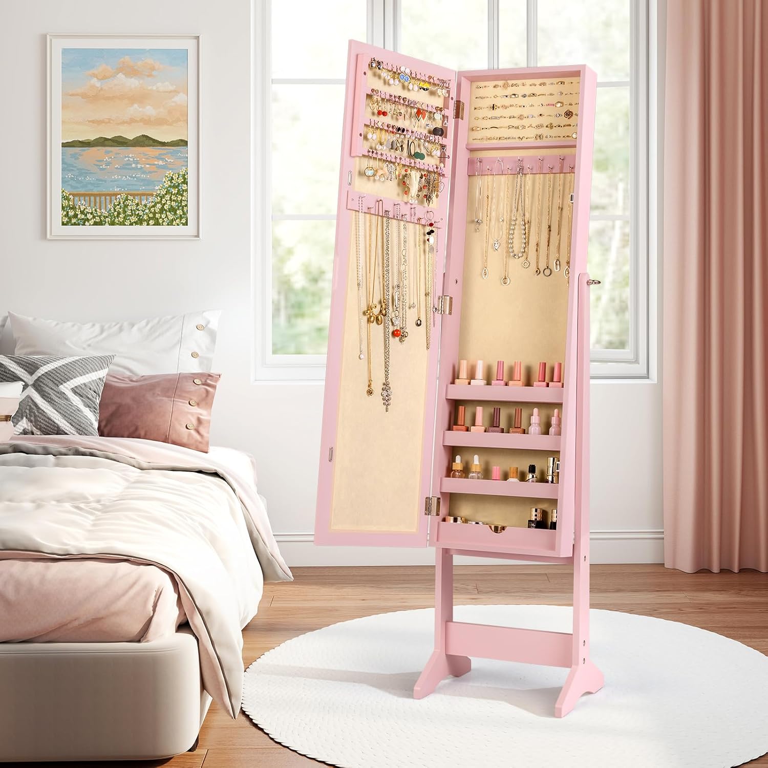 Giantex Jewelry Armoire with Full Length Mirror, Standing Jewelry Cabinet Organizer with 3 Tilting Angles, Bedroom Dressing Mirror with Large Storage for Earrings, Rings, Necklaces, Light Pink