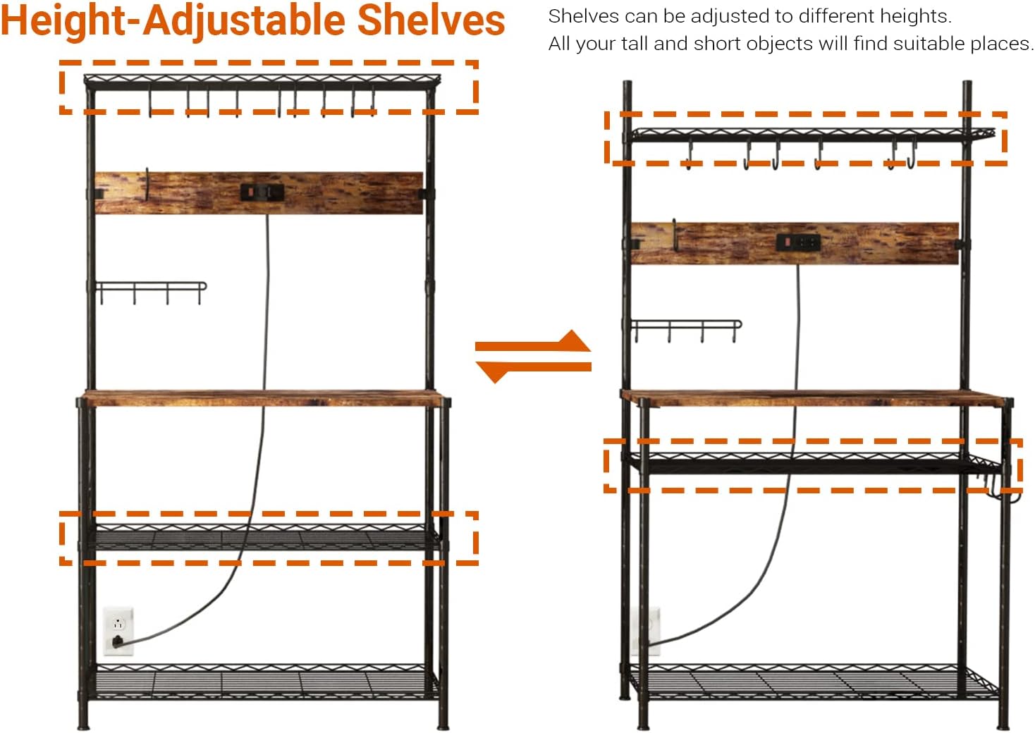 SUPERJARE Bakers Rack with Power Outlets - Height Adjustable Microwave Stand, 4-tier Kitchen Storage Rack with 10 S-shaped Hooks, 360° Hanging Strip, Coffee Bar Station - Rustic Brown