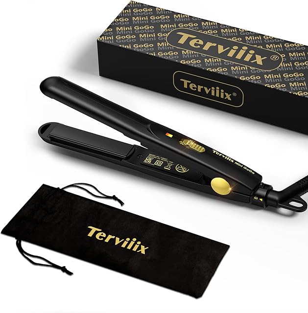 Terviiix Mini Hair Straightener for Short Hair/Bangs, Small Flat Iron for Travel, Portable Ceramic Straightening Irons, Dual Voltage, Pouch Included, Compact Size, Black