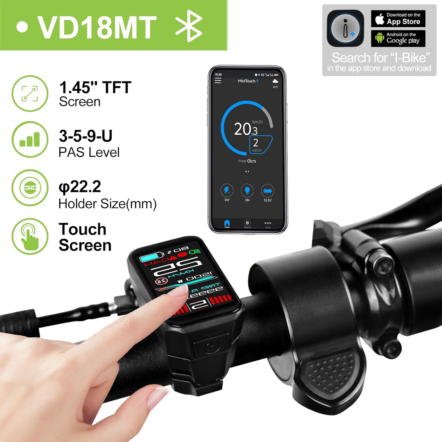Close-up of the VD18MT Touch Display, showing its compact design, IPS screen, PAS levels, and touch functionality.