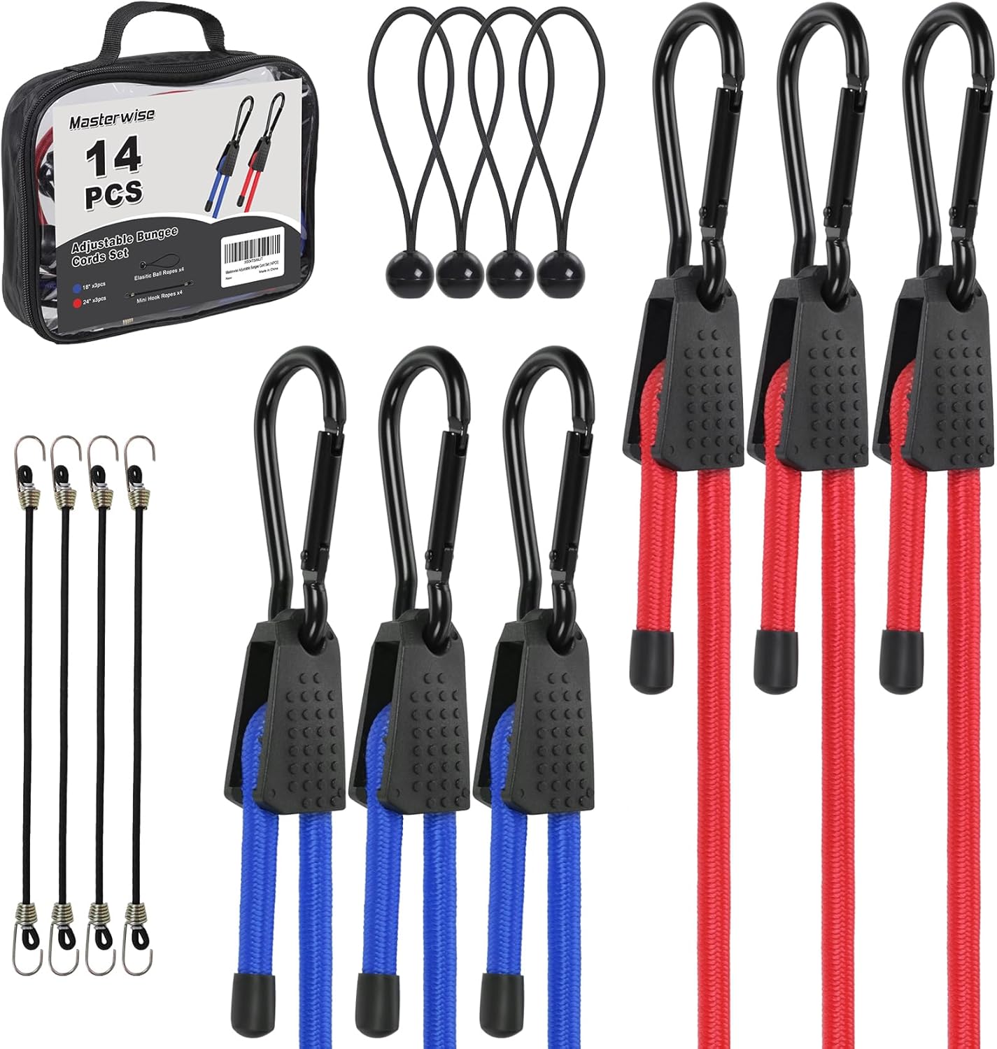 6 PCS Adjustable Bungee Cords with Hooks, 12 Inches Black Elastic Cord with Carabiner Hooks, Heavy Duty Bungee Straps for Outdoor Tent, Cart, Bike Rack, Trucks, Luggage and Cargo