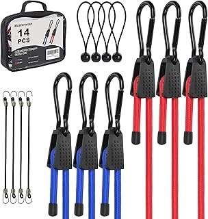 Adjustable Bungee Cords Set, Bungee Cords with Hooks, Elastic Cord with Tarp Balls, Tarp Clips, and Small Bungee Straps for Tent, Bike, Trucks, Cargo (14, 6”+10"+18”+24”)