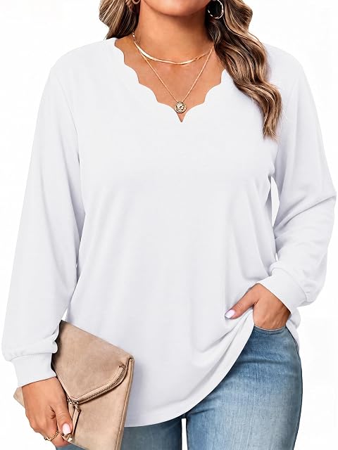 HDLTE HDLTE Plus Size Long Sleeve Shirts for Women Casual V Neck Tops White