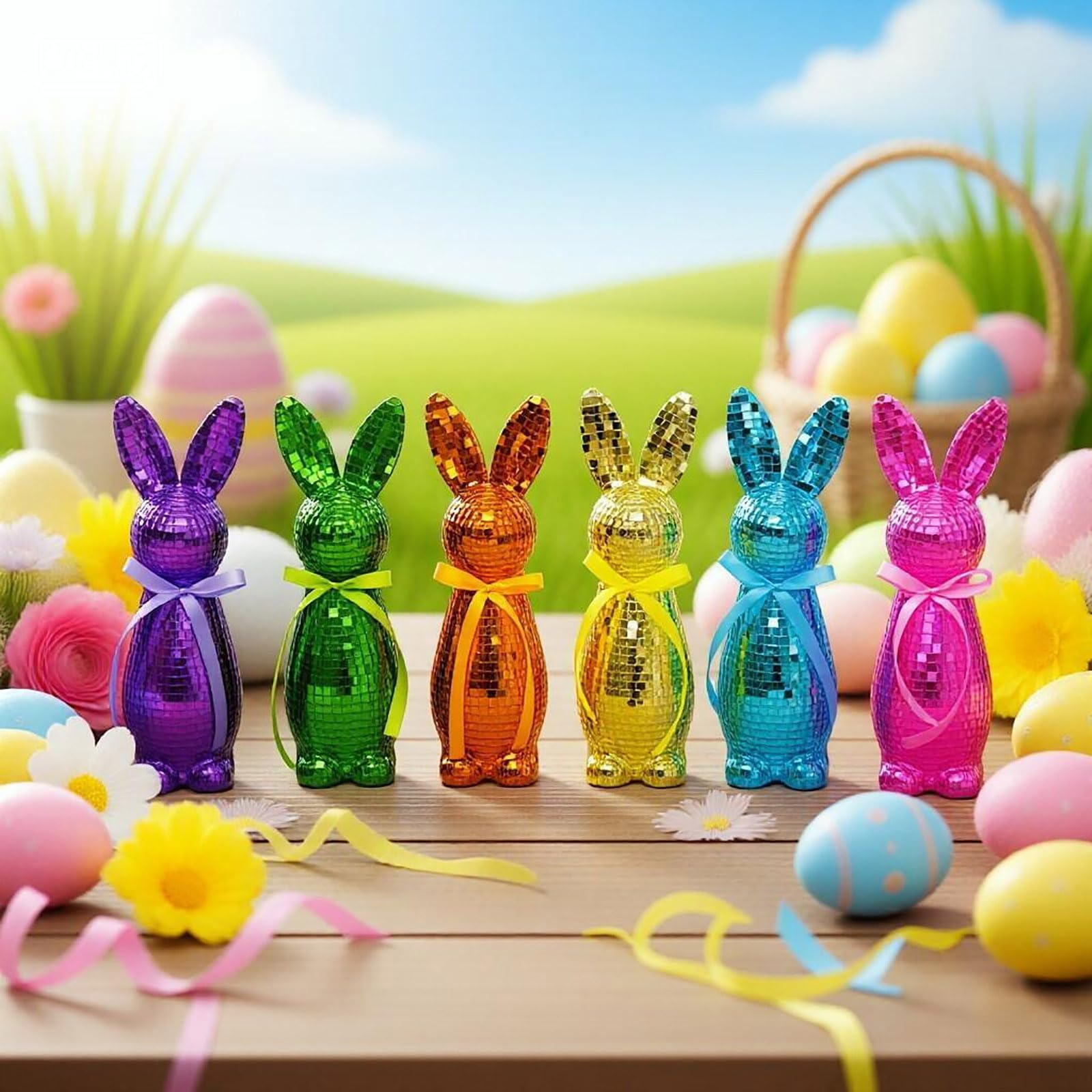 5 decorazioni a forma di coniglietto pasquale, a forma di palla da discoteca, lucide, riflettenti, scintillanti, a forma di coniglietto pasquale, decorazioni per feste di primavera, coniglietti