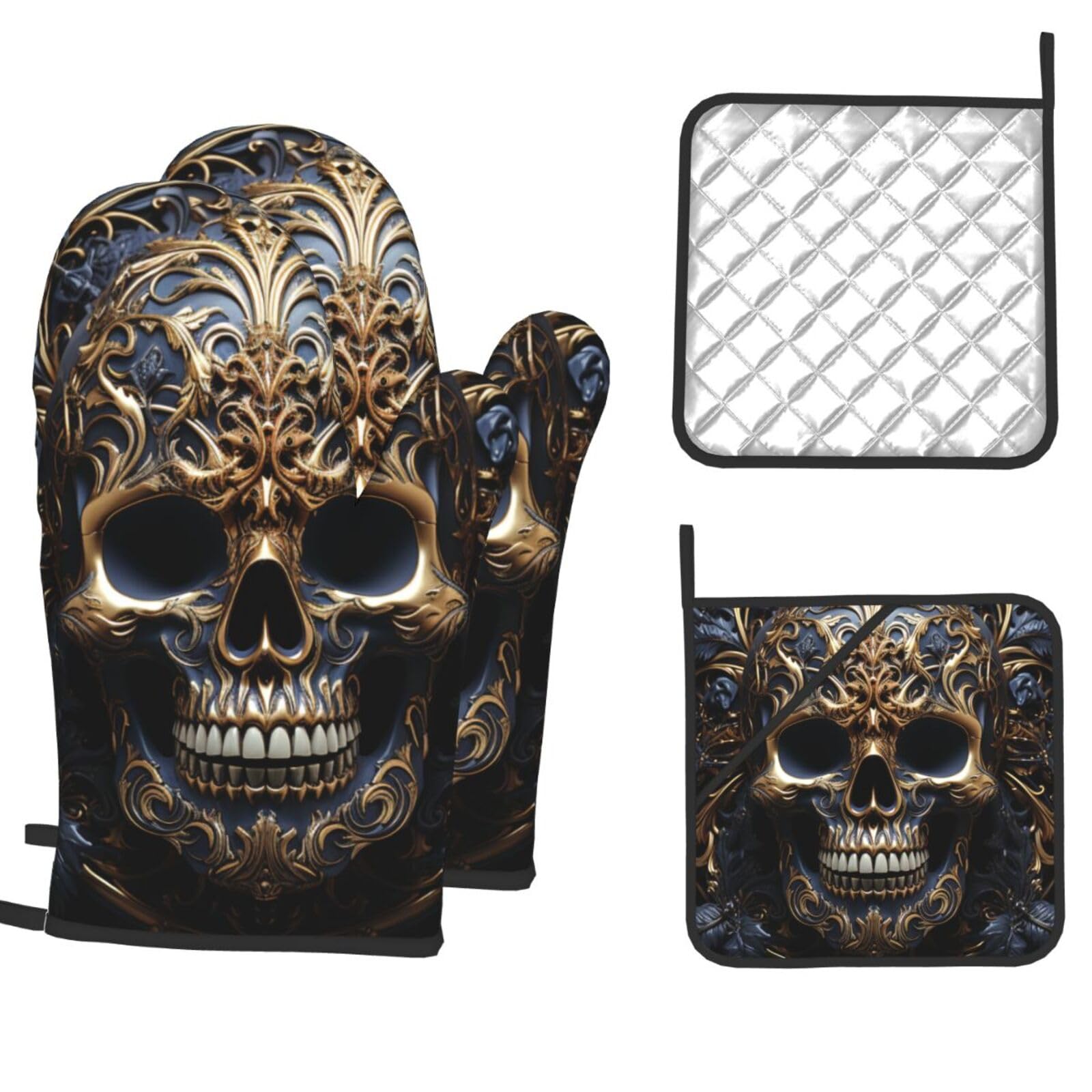 Oven Mitts and Pot Holders Sets of 4 Heat Resistant Kitchen Gloves Skulls Oven Mitts BBQ Gloves Oven Gloves and Hot Pads Non-Slip Potholders for Kitchen Baking Cooking