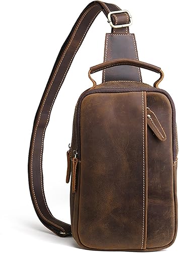 KPYWZER Mochila cruzada de cuero genuino para hombre, bolsa de pecho, senderismo, viajes, mochila, #61Marrón Profundo, Vintage