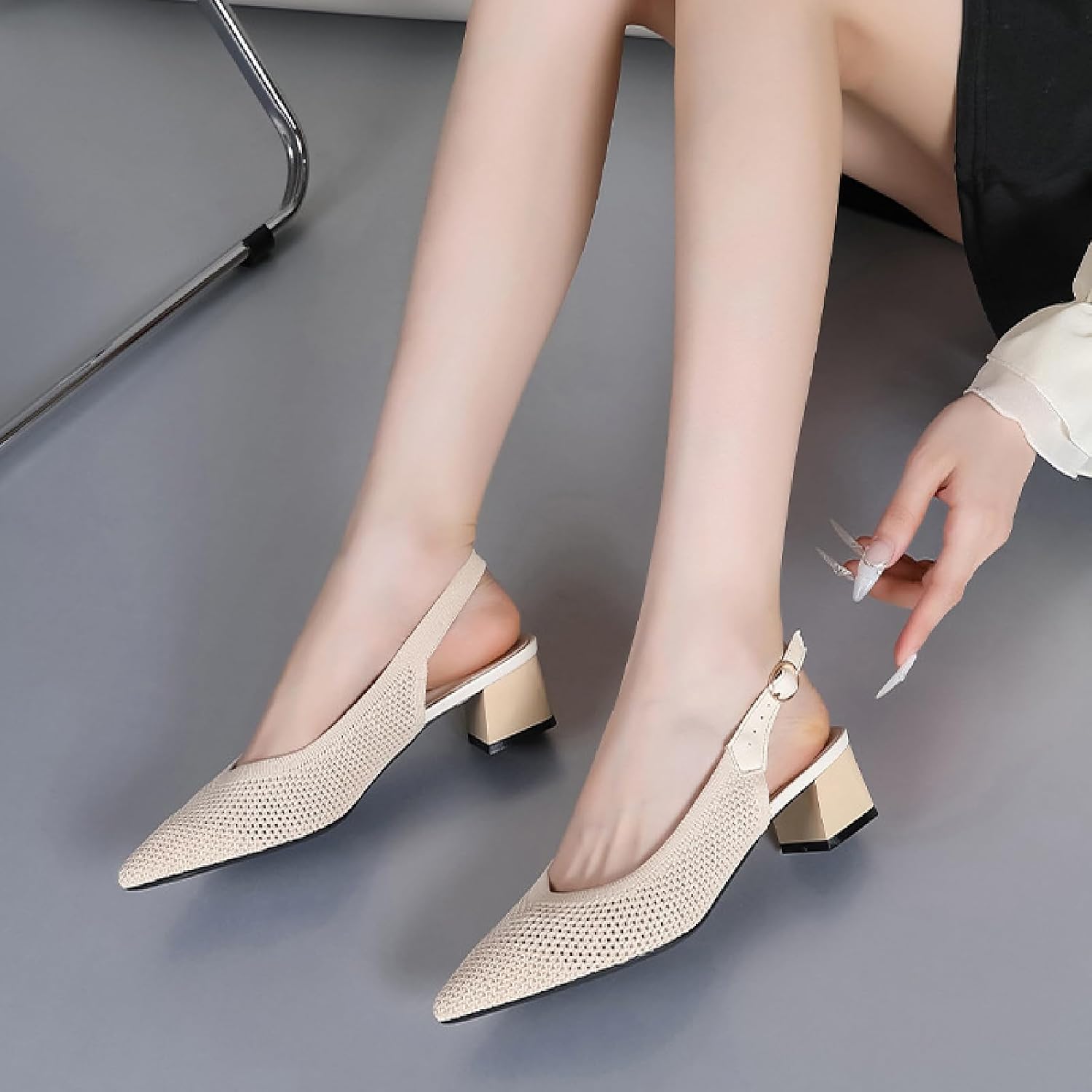 Women's Knit Mesh Slingback Heels Pumps with Adjust Ankle Strap Fashion Closed Pointed Toe Comfortable Chunky Heel Mules Sandals Work Office Wedding Dressy Shoes