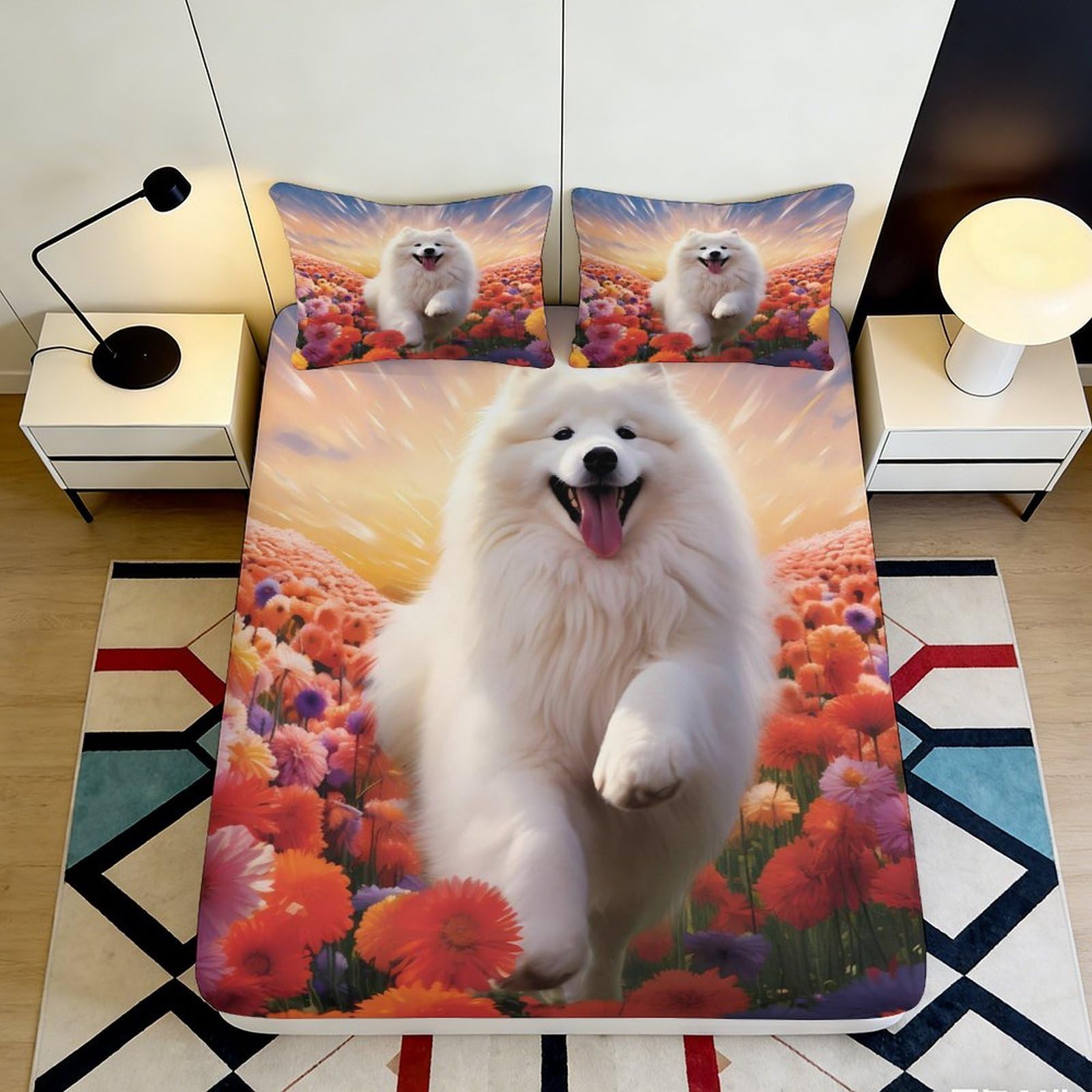 3D Printed Happy Samoyed Dog Fitted Sheet Microfiber Soft Breathable Colorful Flowers Bed Cover for Bedroom Dormitory Guest Room Mattress Protection 160x200x25cm