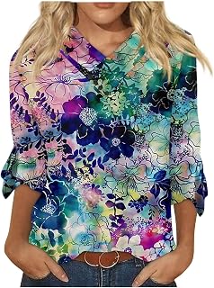 JYJXFD 2023 Tops for Women Casual Summer 3/4 Bell Sleeve Tunic Floral Printed Tshirts Casual Baggy Pleats Vneck Button Blouse
