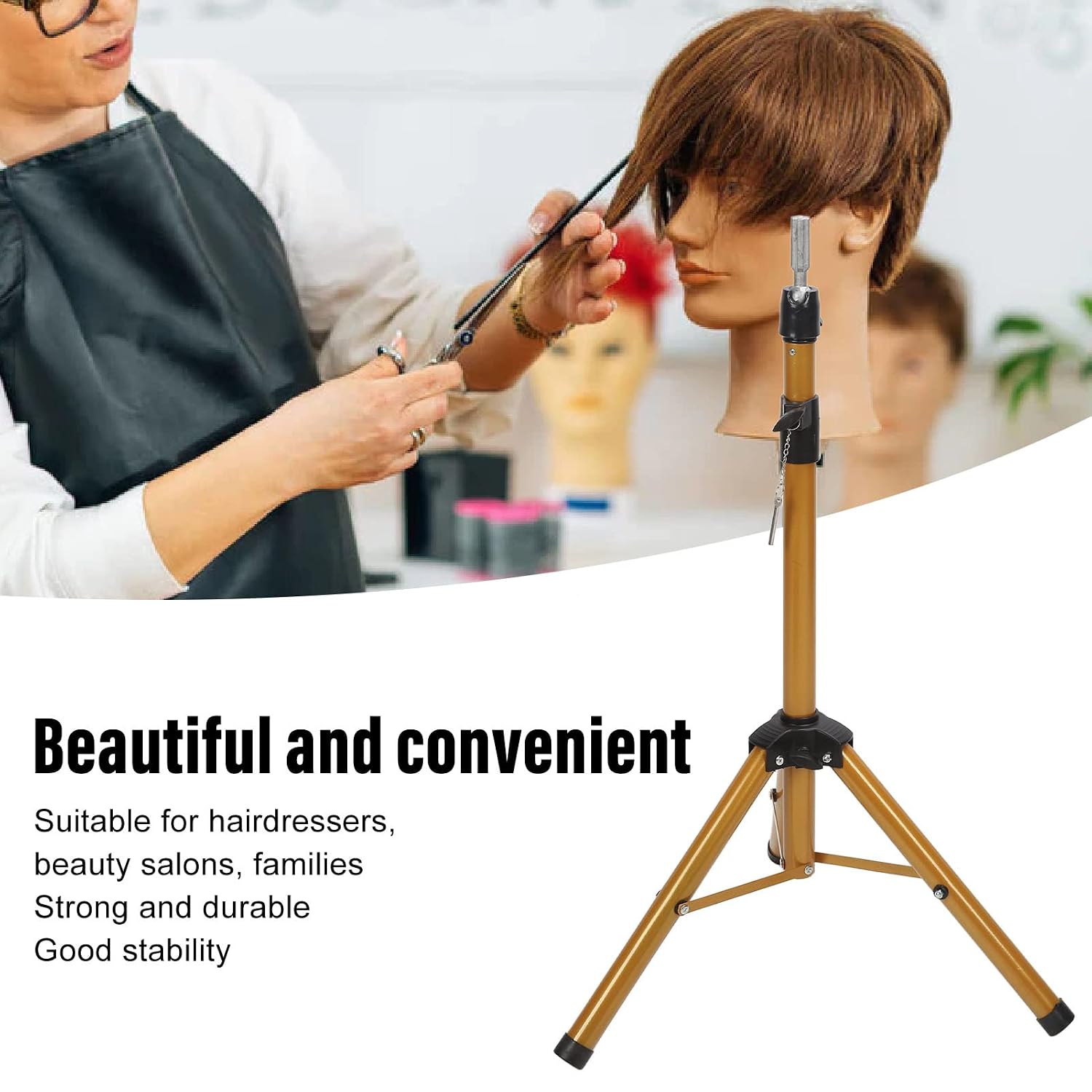 Mannequin Head Tripod Stand, Foldable Wig Head Stand Alloy Mannequin Head Holder Adjustable Mannequin Stand Tripod for Barber Shops Golden