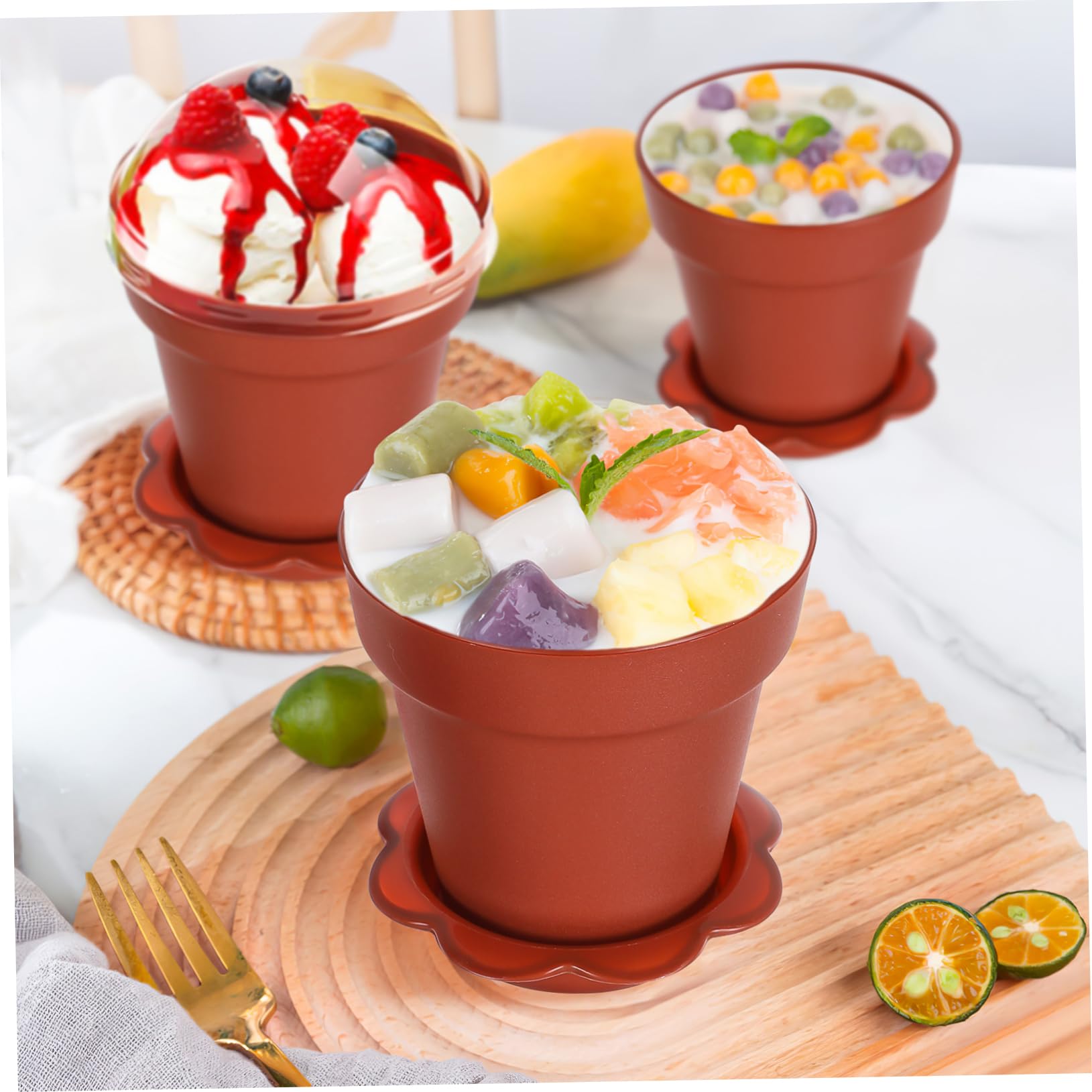 50 Blumentopf-Dessertbecher Mit Deckel & Löffel – 200 Ml, Für Eis, Joghurt, Party