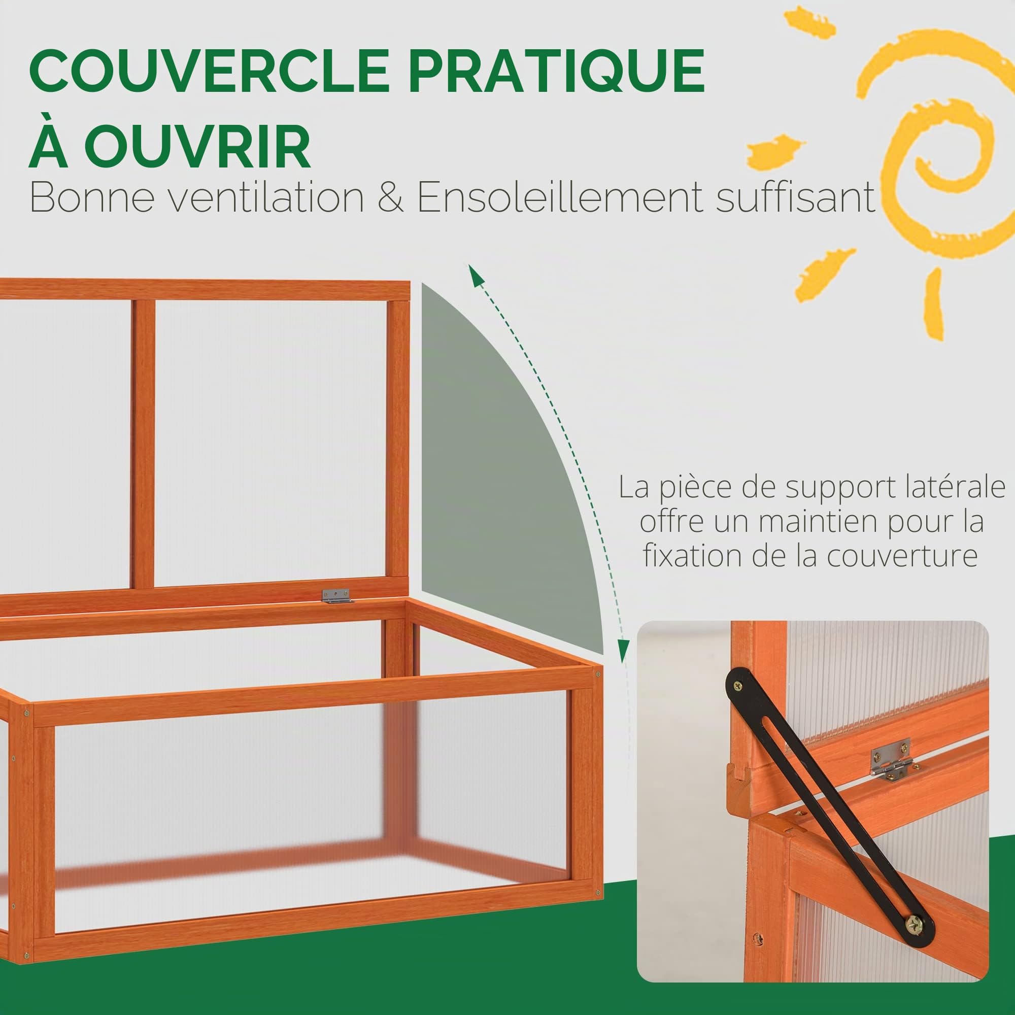 Outsunny Jardinière prématurée avec couvercle en bois et polycarbonate résistant aux intempéries Orange 90 x 46 x 40 cm