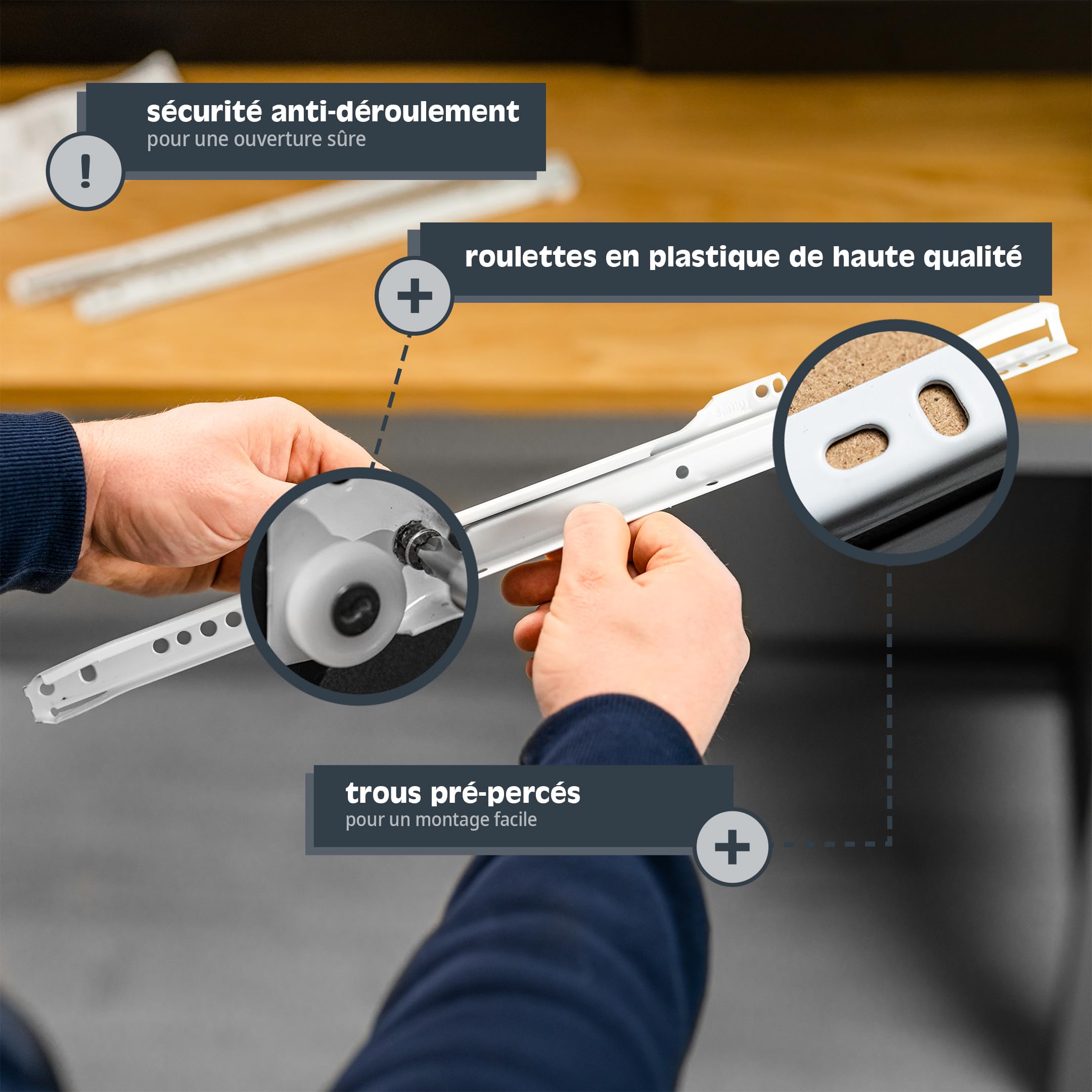 HELPMATE – Glissières de tiroir télescopiques à roulettes 500 mm – Extension partielle – Lot de 2 paires (4 glissières) – Système de glissières pour tiroirs – Blanc