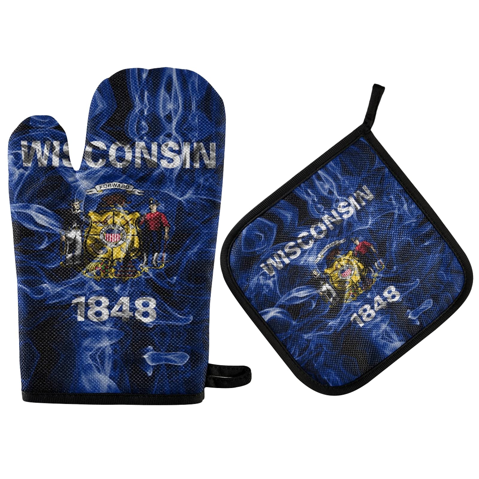 Poeticcity Wisconsin Flag Oven Mitts Pot Holders Sets, Heat Resistant Kitchen Oven Gloves, Potholder Hot Pads for Cooking Baking Microwave Grill