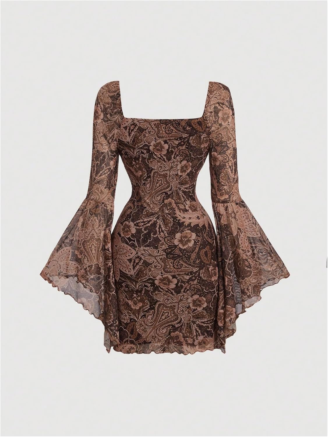 Milumia Women's Paisley Print Square Neck Bell Long Sleeve Dress Vintage Bodycon Mini Dresses - Image 2