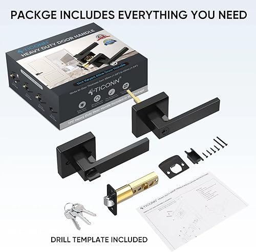 Miniatura 5 de TICONN Manija de puerta negra resistente, perilla de puerta negra mate, manija de puerta cuadrada reversible para dormitorio, baño y habitaciones