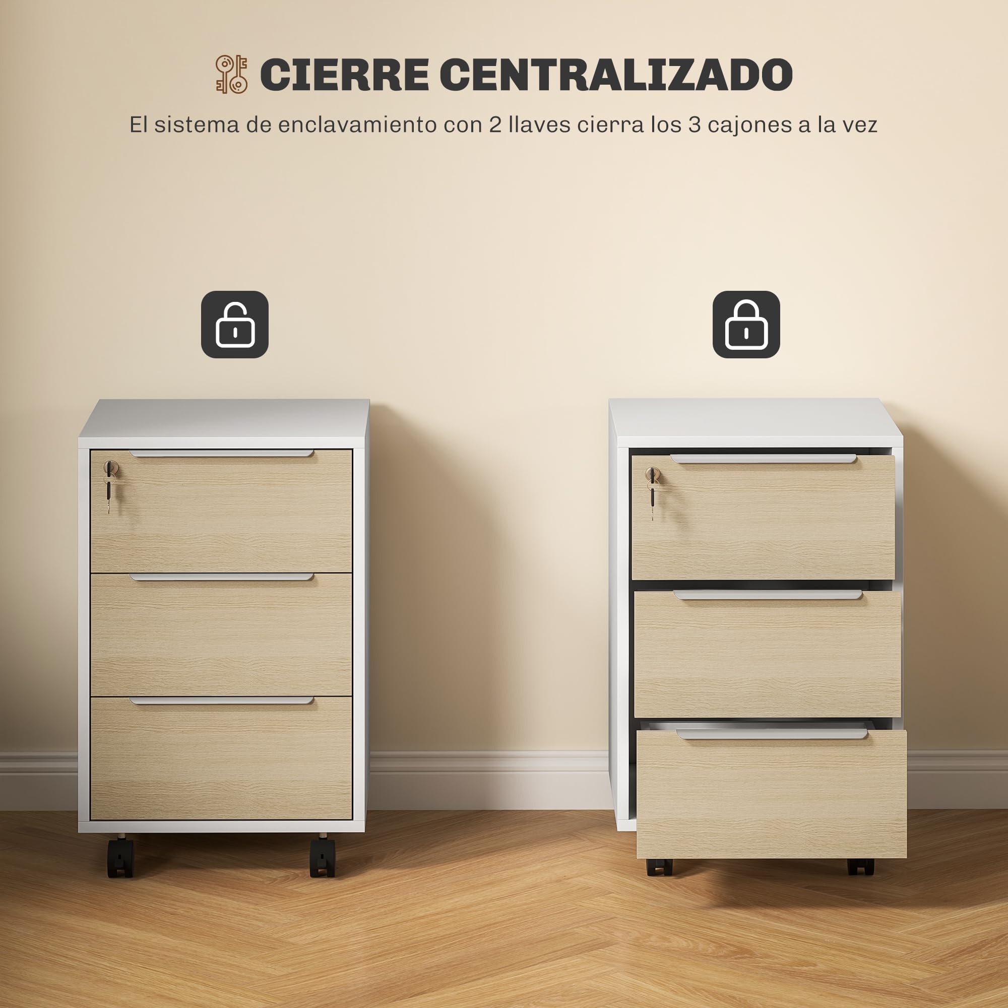 HOMCOM Cassettiera per ufficio su ruote 3 cassetti con serratura e 2 chiavi per sala studio 40x40x63,5 cm Bianco e rovere