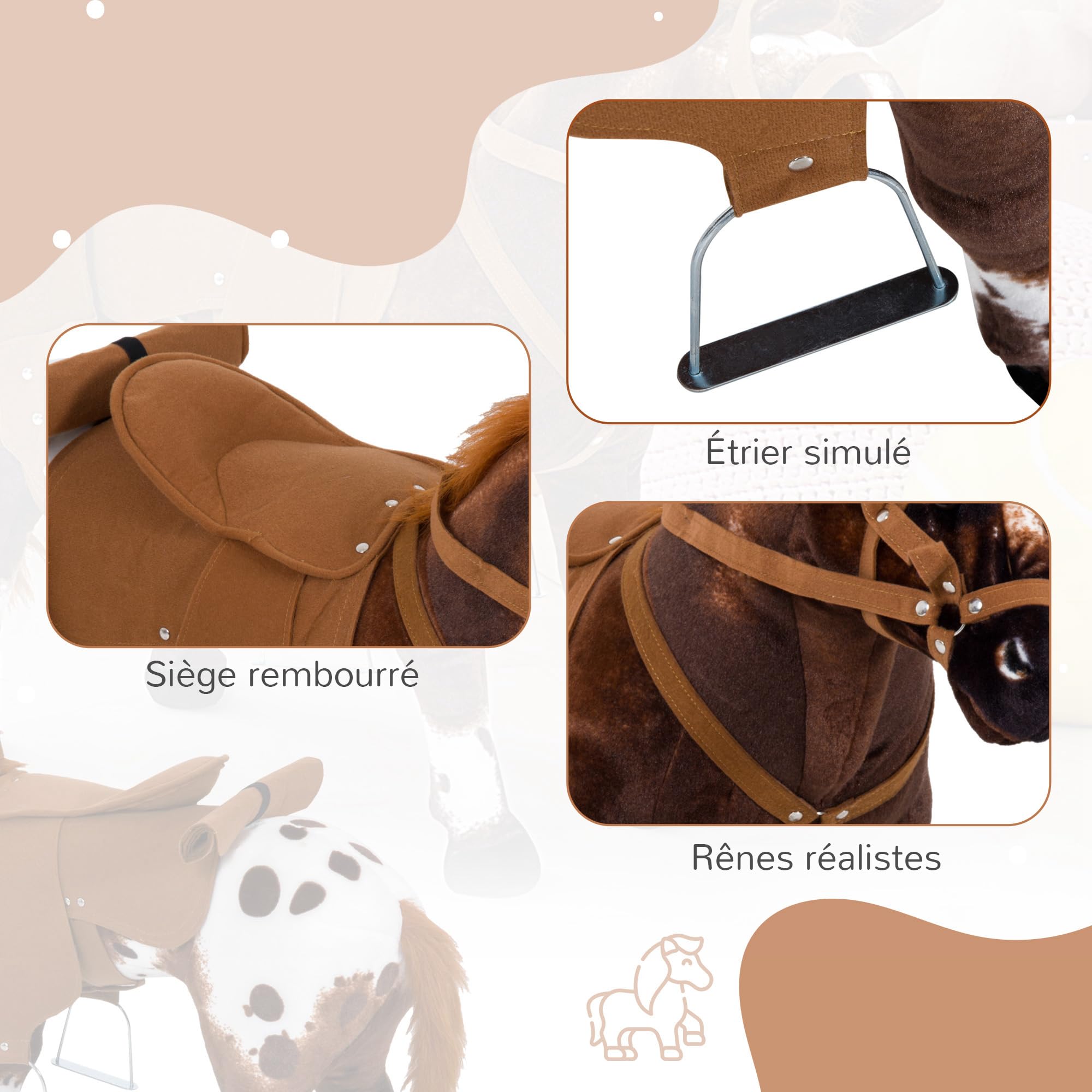 HOMCOM Cheval Debout en Peluche Effets Sonores 85L x 28l x 60H Marron Blanc
