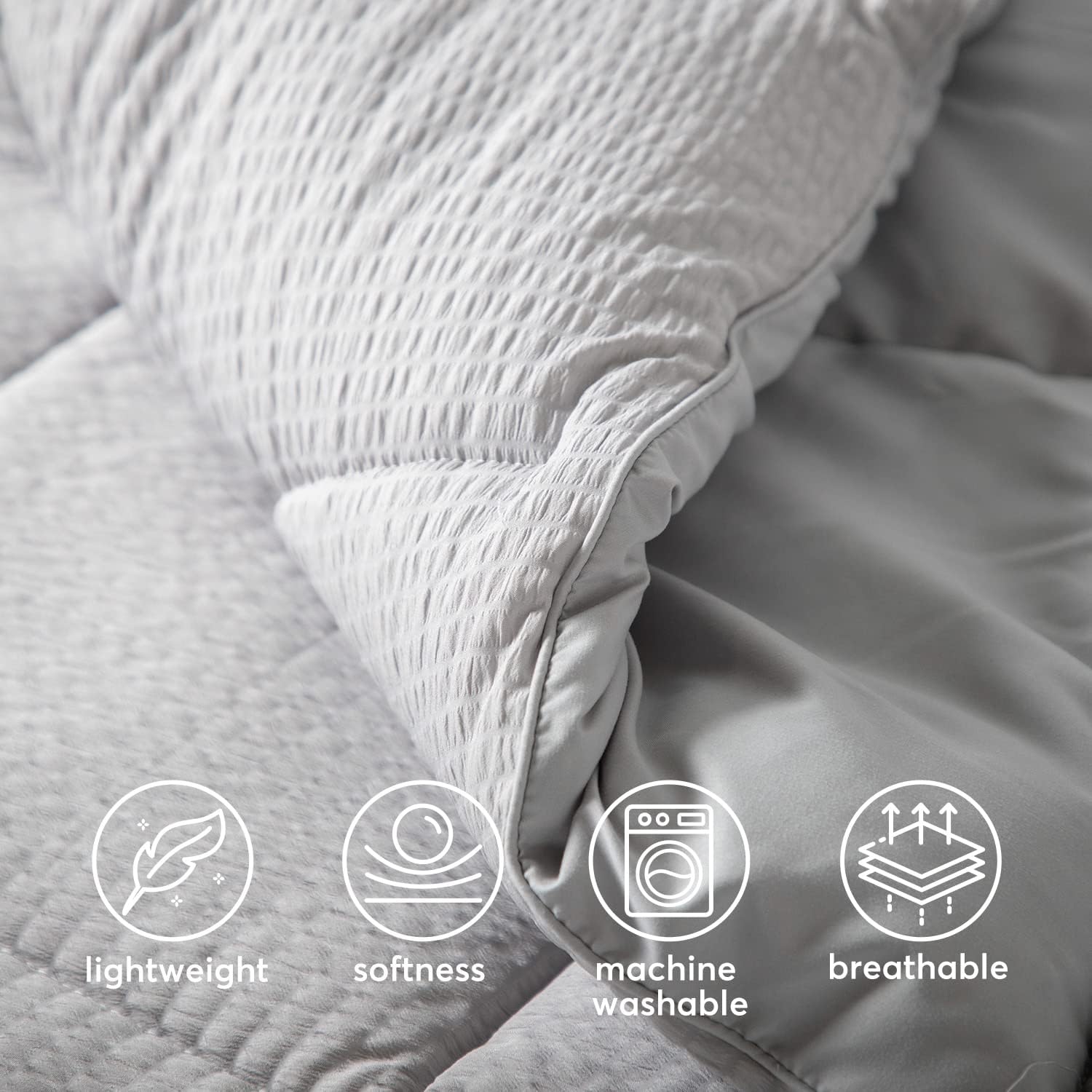 KASENTEX Winter Warmth Quilted Comforter Set Queen with 2 Pillow Shams, Cozy Soft Seersucker Bedding Set Textured, Down Alternative Fill(Full/Queen Set, Light Grey)