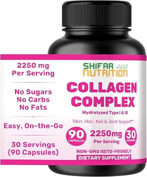 SHIFAA NUTRITION Halal Hydrolyzed Collagen Peptides Complex, 2250mg 30 Servings. Non-GMO Collagen Supplements for Women and Men. Supports Skin, Hair, Joints & Nails. No Gluten, Fats, Carbs, Sugars