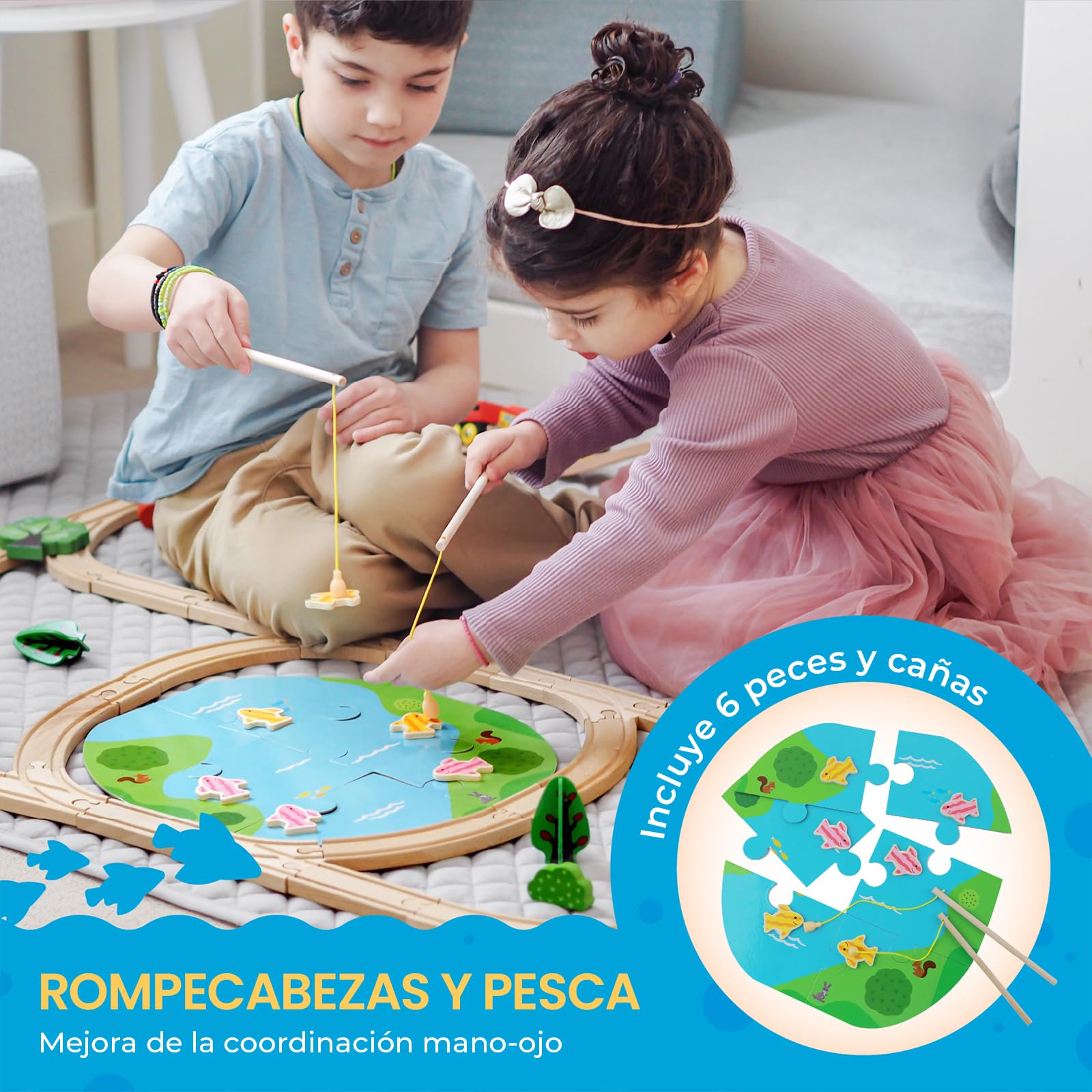 Juego de tren de madera, 110 piezas, pistas de tren de madera y trenes para niños, se adapta a Thomas, Brio, Melissa y Doug - Juguete de tren para niñas y niños de 3 a 4 a 5 años