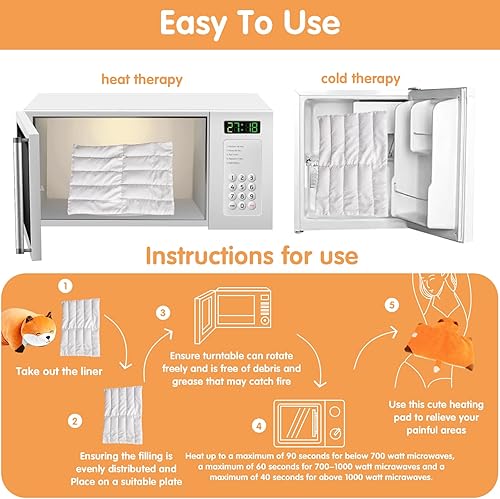 Miniatura 5 de Almohadilla térmica para microondas, animales de peluche calentables de zorro para período, alivio del dolor de calambres, linda almohada suave y