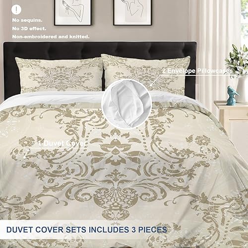 Miniatura 9 de Batmerry Juego de funda de edredón de 3 piezas con estampado floral blanco y negro, suave, esponjoso, vintage, damasco, hermoso patrón barroco,