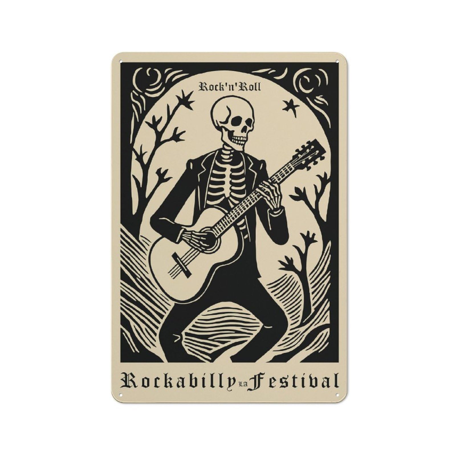 Junmoney Style-14 Rocknroll Rockabilly Festival Skeleton Guitarist Decorative Metal Plaque 30X20cm, Loft Style Urban Room Decor For Flat, Bar, Studio Or Gallery Wall