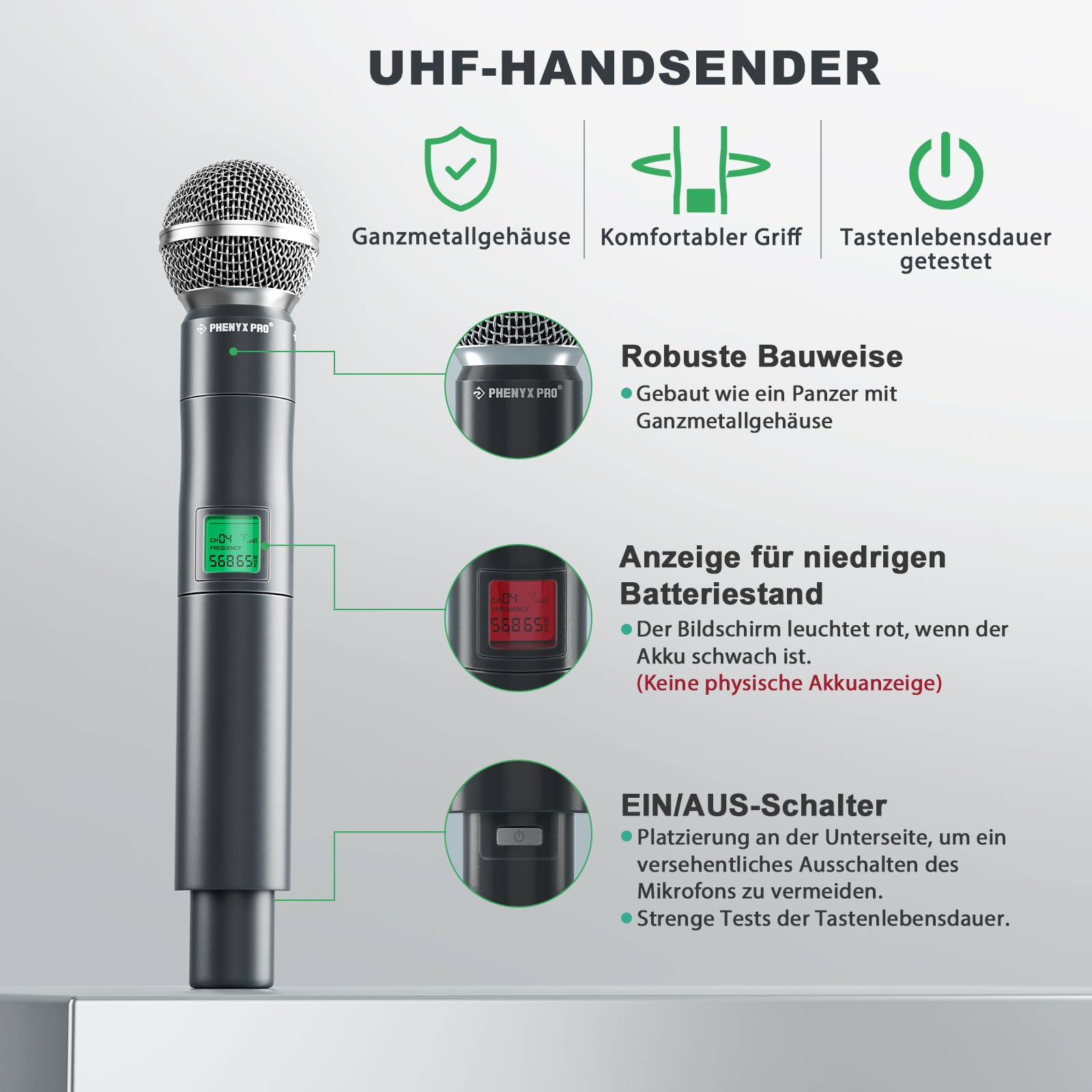 Phenyx Pro Mikrofon kabellos,4-Kanal Karaoke Mikrofon,Kabelloses Festfrequenz-Metall-Funkmikrofon mit 4 Handmikrofonen für Gesang, Kirche, DJ (PTU-5000A)