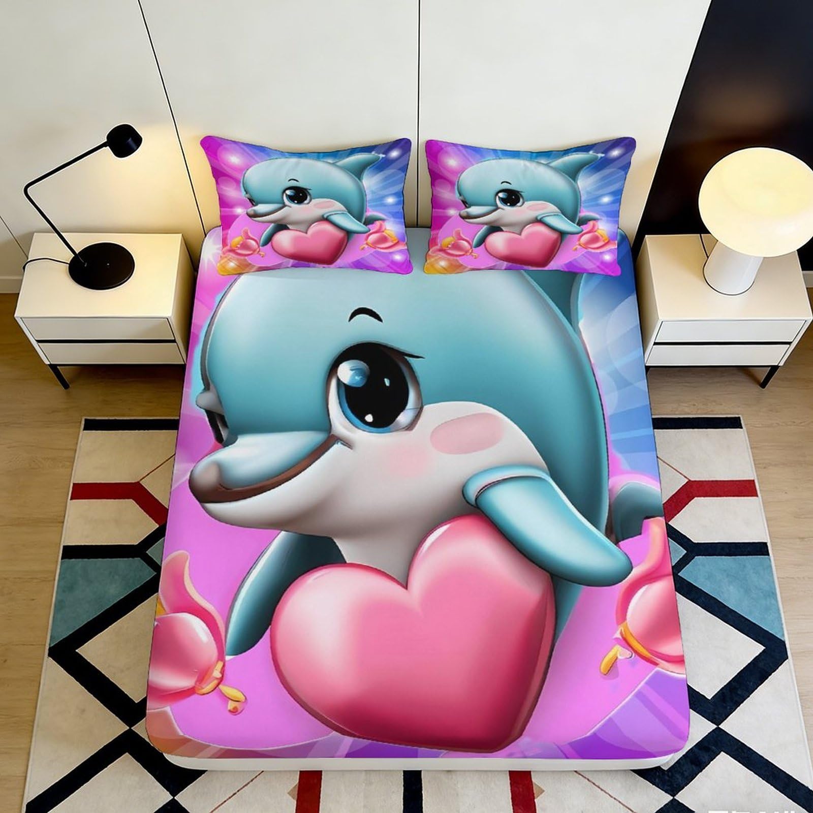 3D Printed Cute Dolphin Heart Fitted Sheet Microfiber Pink Blue Bed Cover for Bedroom Dorm Mattress Protection Decor 200x200x25cm