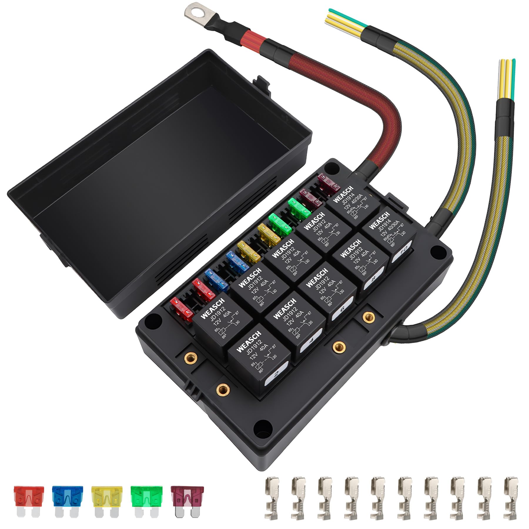 12 V 40 A 10 casse di fusibili e relè, 10 relè e 10 fusibili ATC/ATO, blocco di sicurezza universale per auto, camion, barca e jeep