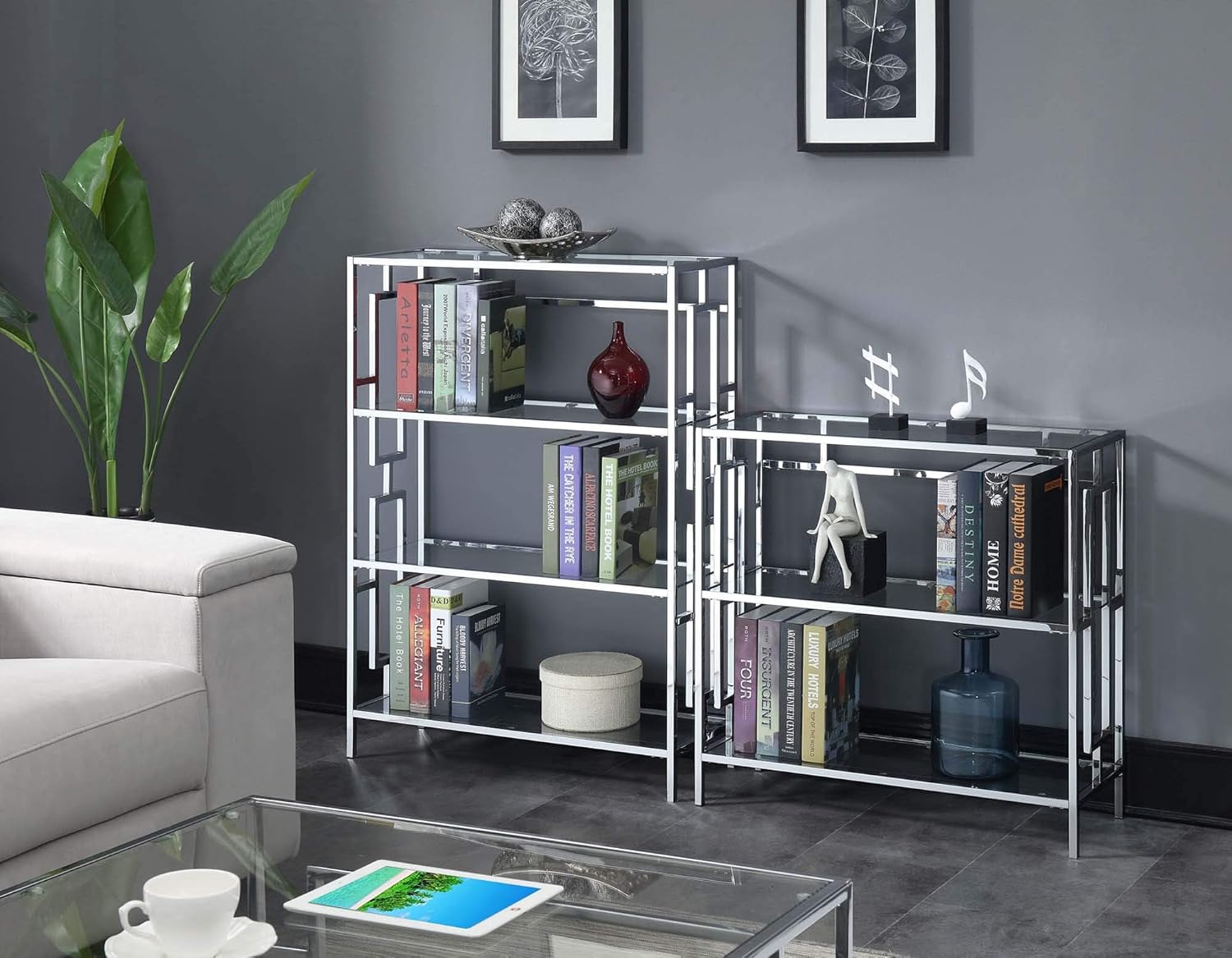 Convenience Concepts Town Square Chrome 4 Tier Bookcase, Clear Glass / Chrome Frame
