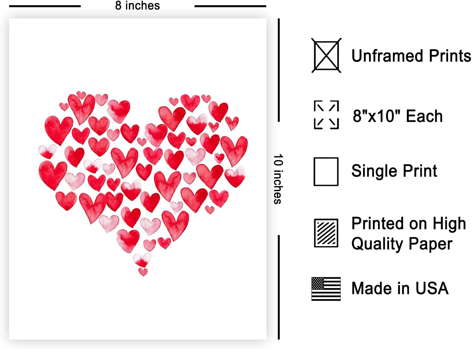 Poster Master Watercolor Heart Shapes Print - Love Poster - Valentine's Day Art - Gift for Men, Women, Couple & Lovers - Romantic Decor for Bedroom or Living Room - 8x10 UNFRAMED Wall Art