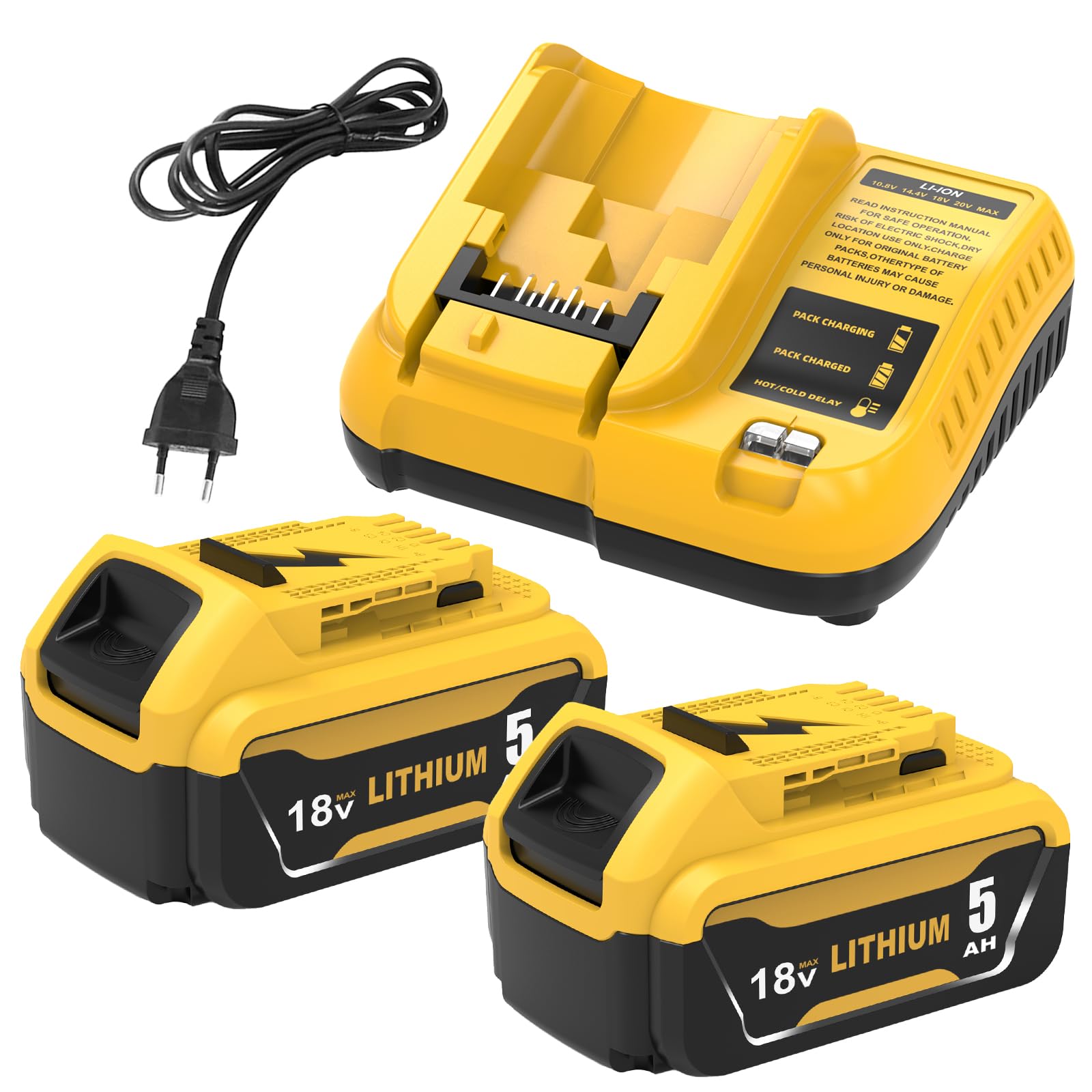 2X 18V 5.0Ah sostituzione per Dewalt batteria +3A Caricabatterie compatibile con Dewalt batteria DCB200 DCB180 DCB181 DCB182 DCB184 DCB185 DCB201 DCB204