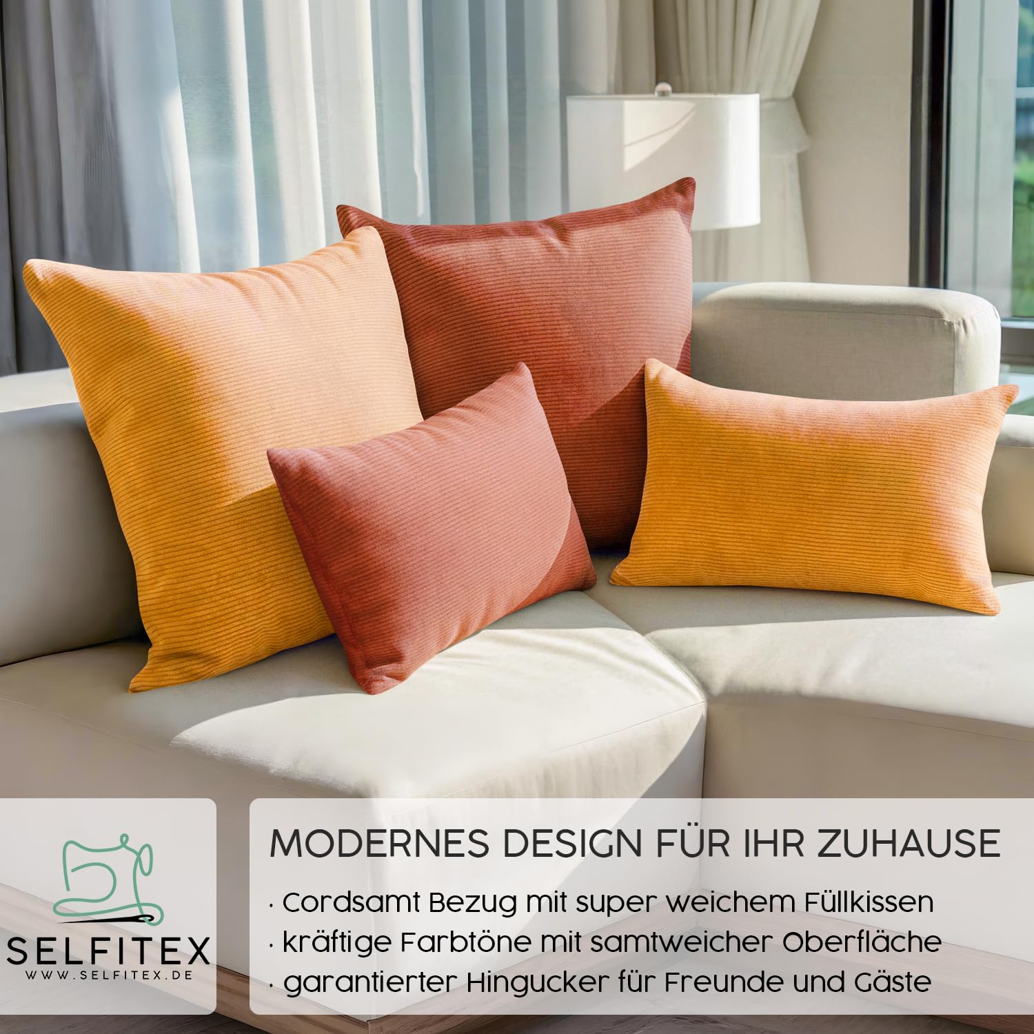 Selfitex 4er Set Cord Sofakissen 2X 30x50 + 2X 50x50, Couchkissen inkl. Füllkissen, samtiger Kissenbezug mit weicher Kissenfüllung, Flauschige Dekokissen für Wohn- & Schlafzimmer (Granada)