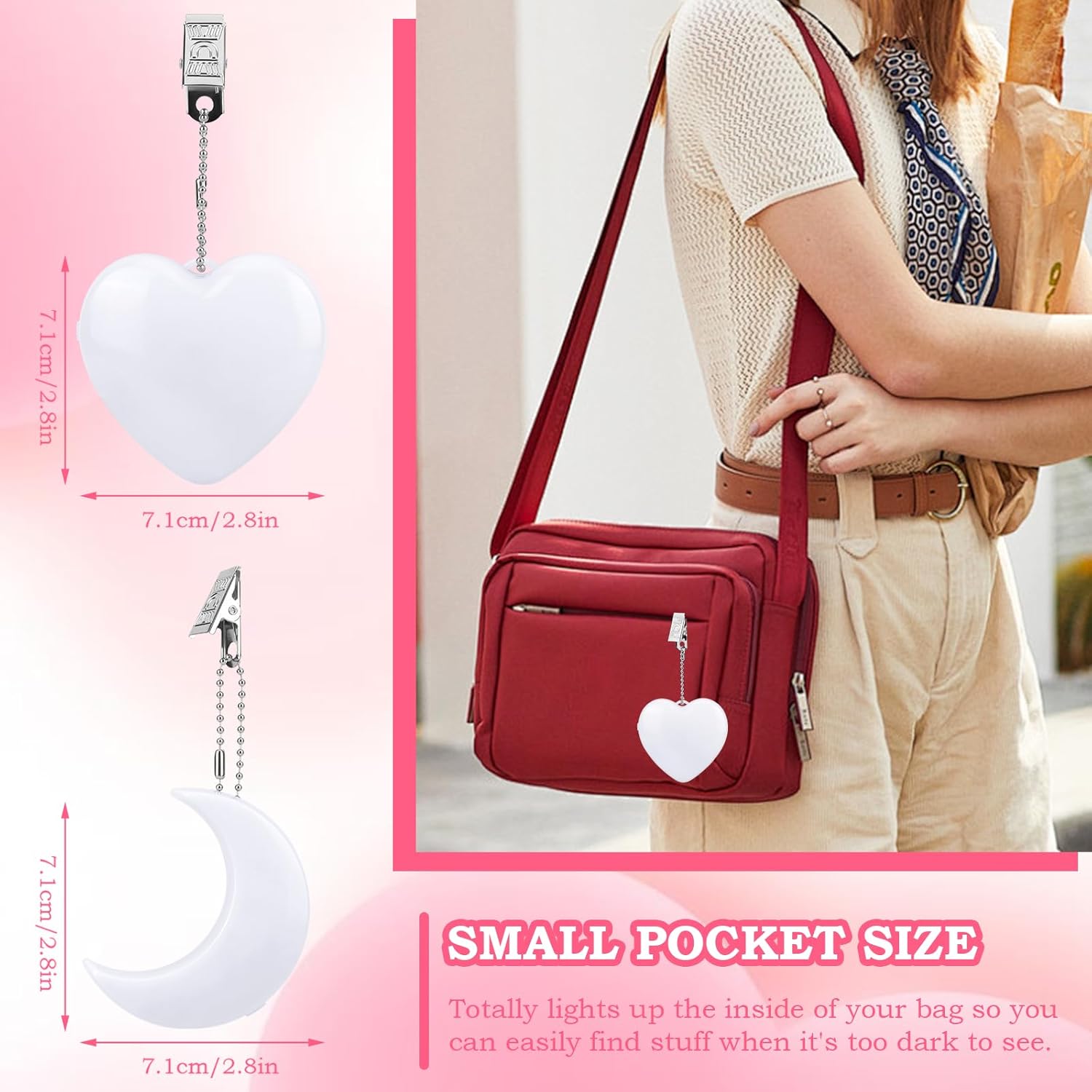2Pcs Rechargeable Purse Light Handbag Light,2.8" LED Bag Lights for Purse with Automatic Touch Sensor,Heart and Moon Shaped Lamp,Purses Must Haves Accessories,Valentine's Day Gifts for Women,Girls - Image 2