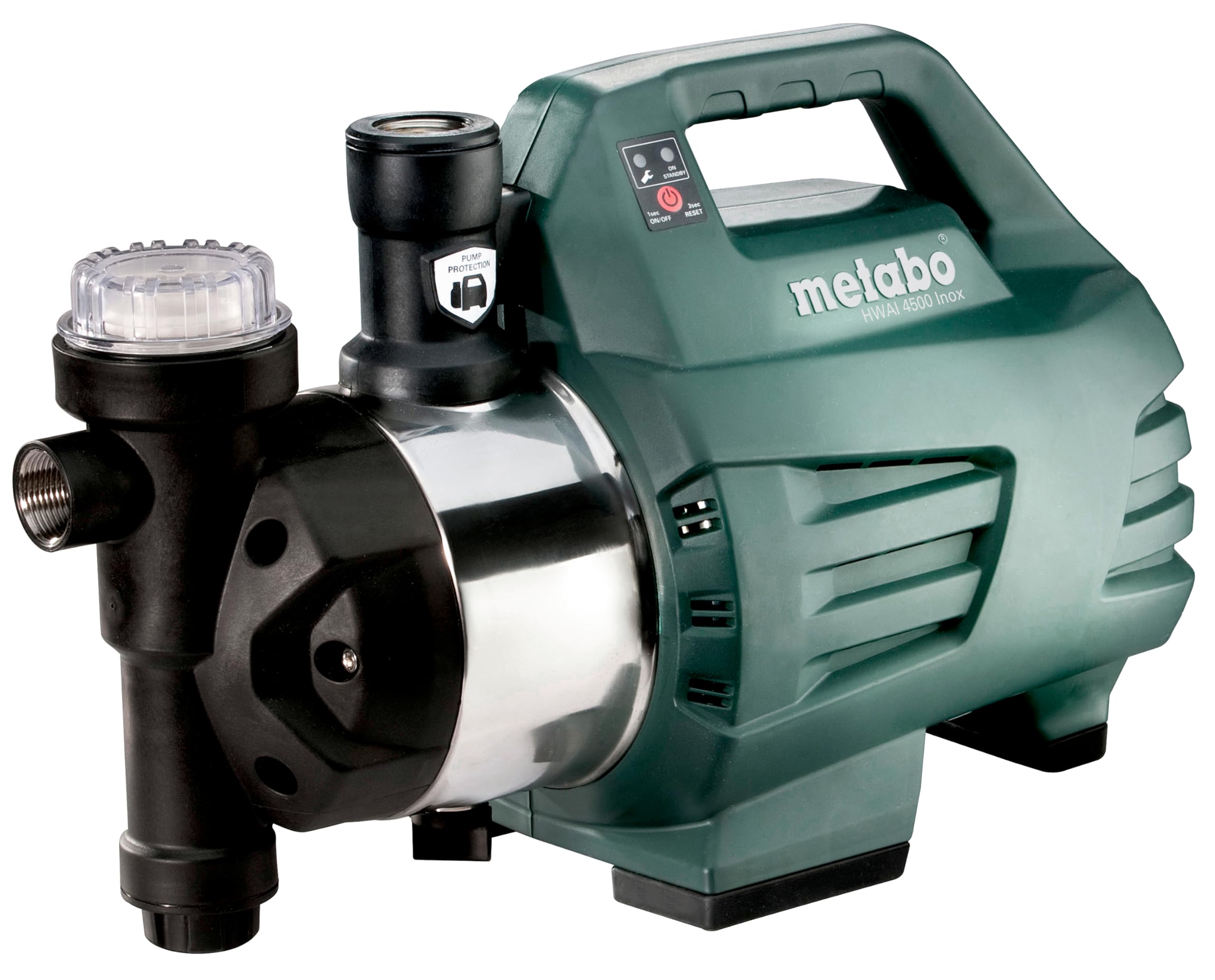 metabo Hauswasserautomat HWAI 4500 Inox, Elektrische Wasserpumpe, 1300 Watt | HWA Hauswasserversorgungspumpe für Garten und Haus, 4,8 bar, 4500 l/h, Inox-Gehäuse, Inkl. Filterschlüssel und Dichtband