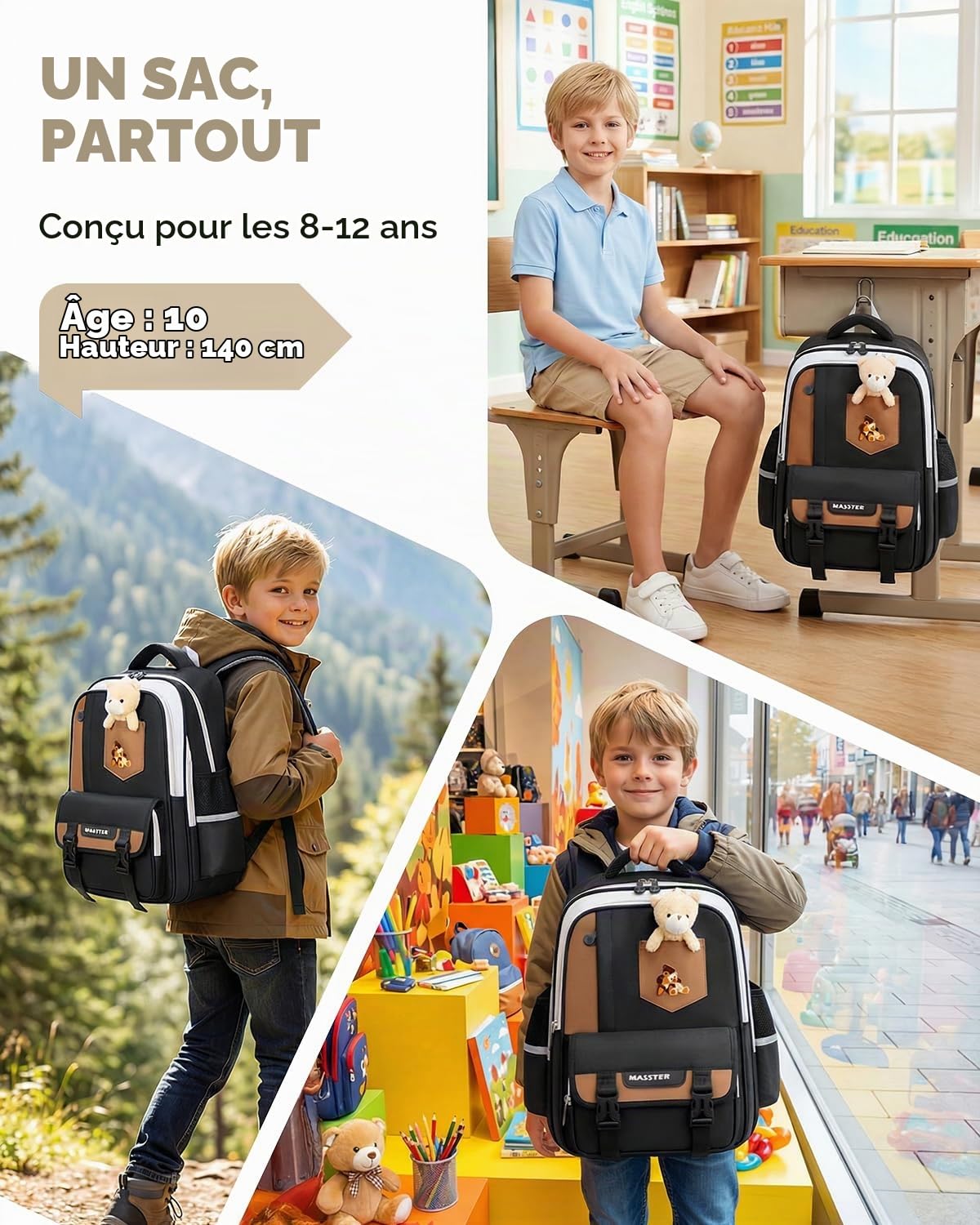 Amythe Cartable Garçon CP-CM1 6-10 Ans, Sac à Dos Primaire Enfant Léger (600g) Ergonomique avec Bandes Réfléchissantes, Imperméable pour l'École, les Voyages et le Quotidien -Noir