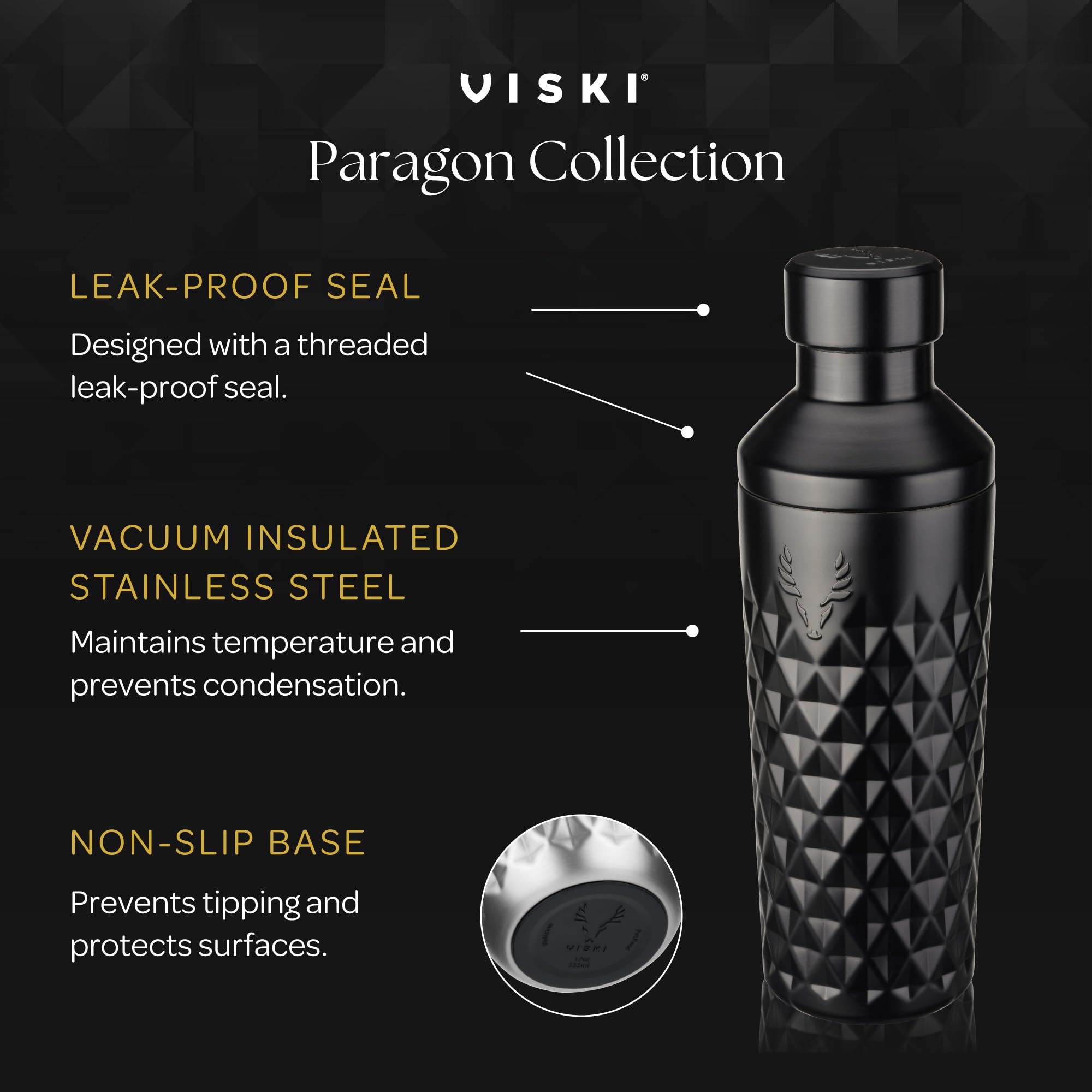 Viski Paragon Shaker à cocktail isotherme à double paroi en acier inoxydable avec passoire intégrée, parfait pour martini, mojito, margarita et autres cocktails, 652 g, obsidienne