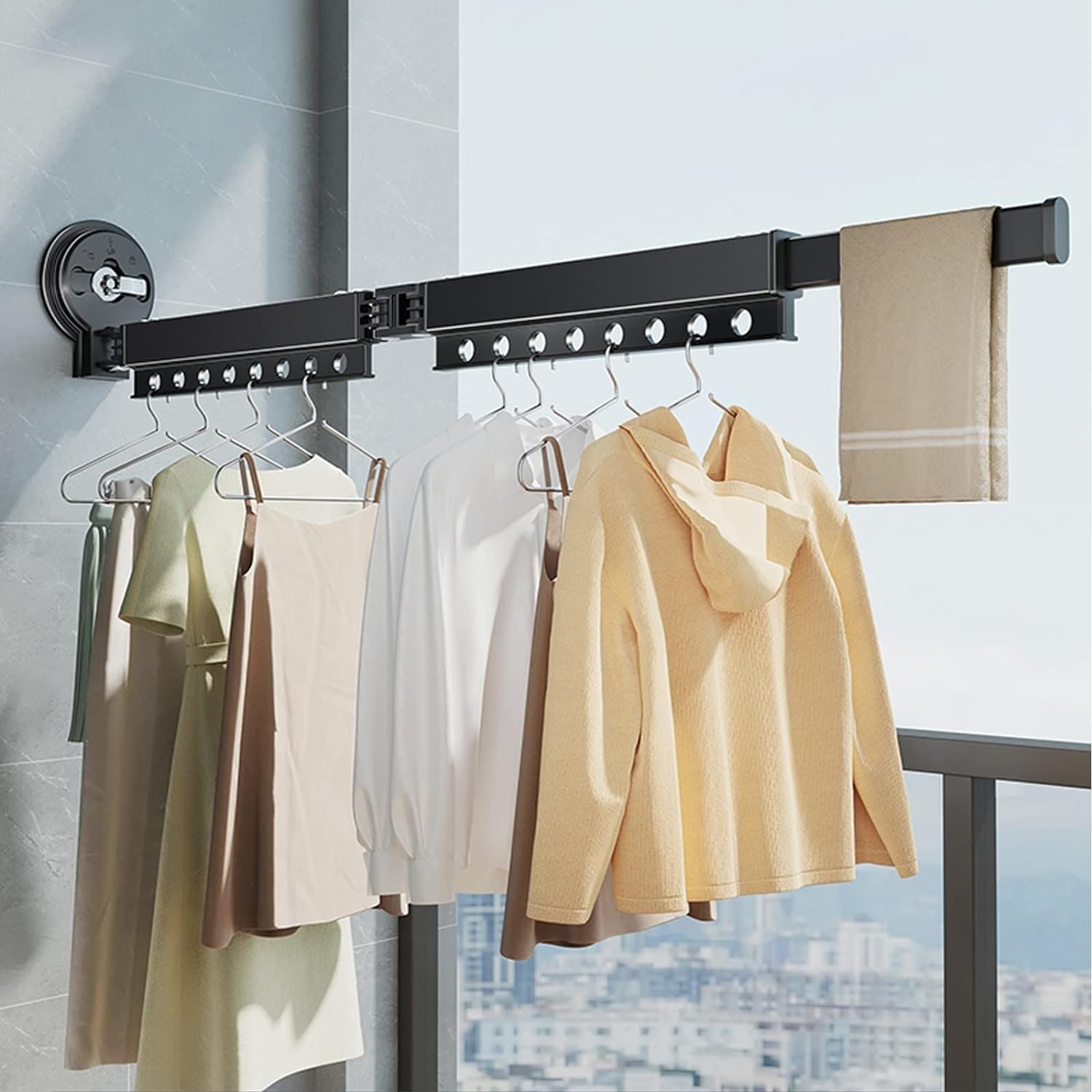 Brikipth Clothes Drying Rack Wall Mounted with Suction Cup, Laundry Drying Rack with Towel Bar, Strong Load-Bearing Foldable Save Space Dry Racks, Suitable for Smooth Surface, 2 Pole