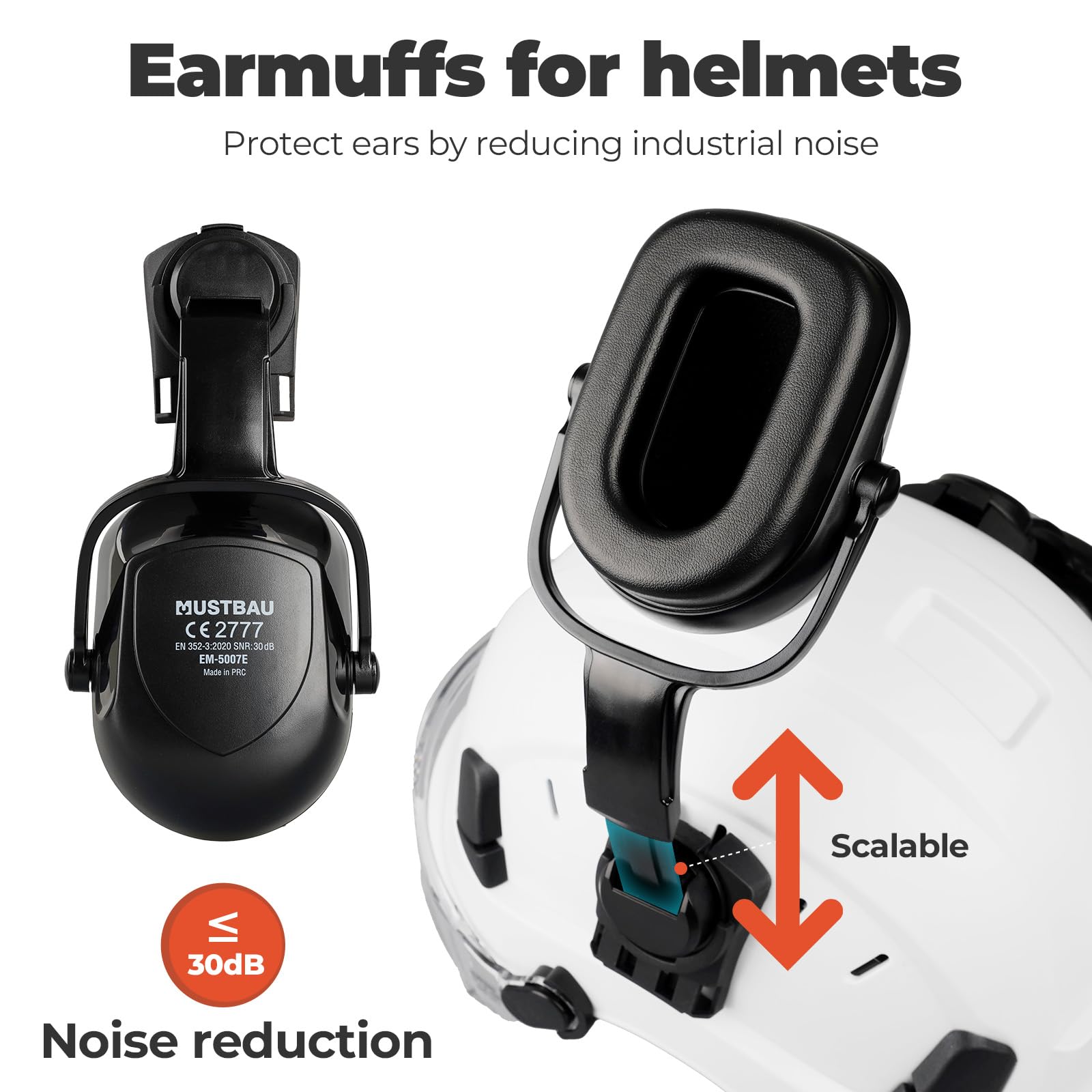 Casque de Sécurité, Casques de Protection EN397 avec Coquilles Antibruit et Visière, 53 à 63 cm Tour de Tête Réglable, Matériau ABS Résistant pour Hommes Femmes