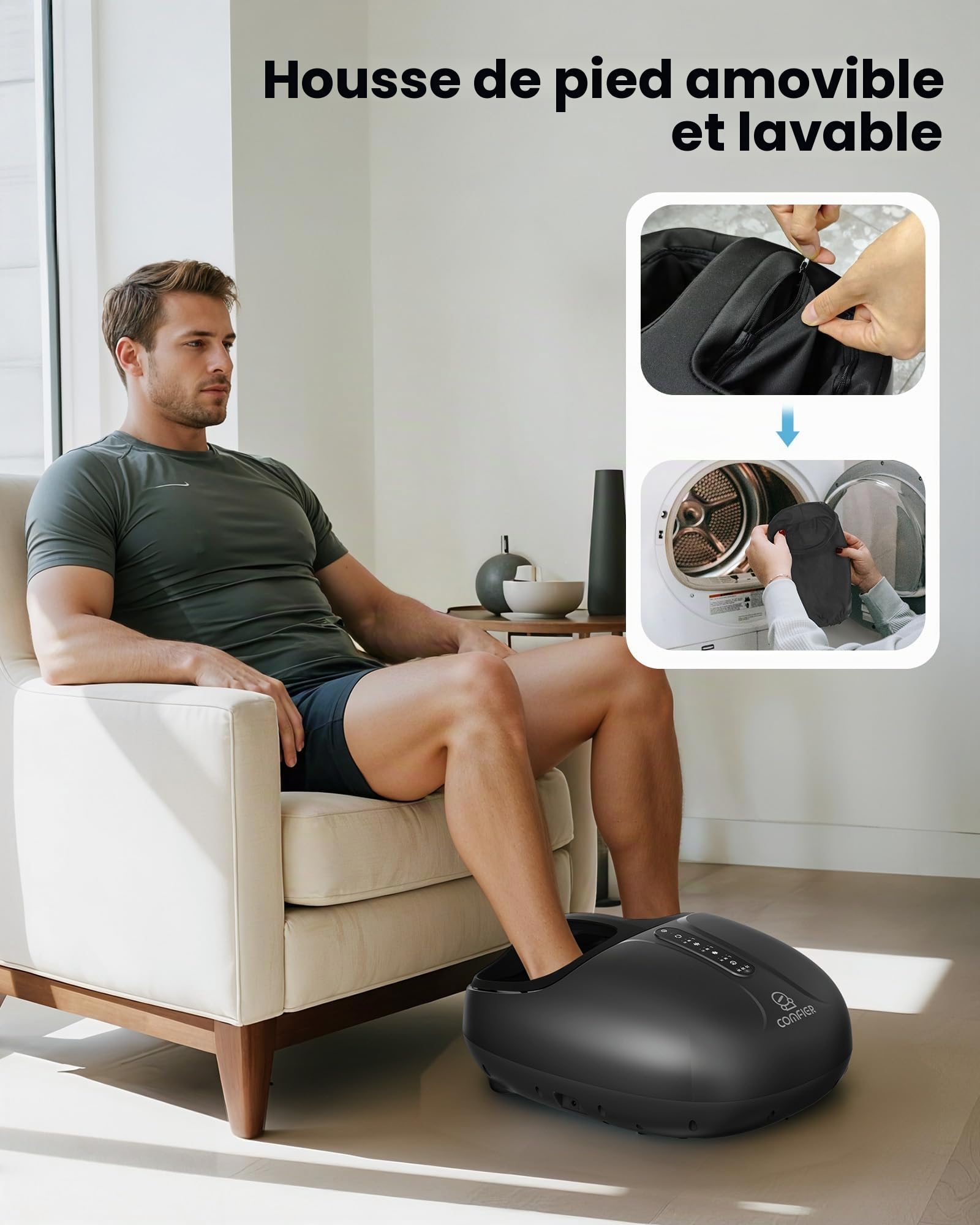 COMFIER Masseur de pieds avec chaleur, massage Shiatsu des pieds, double chauffage dessus et plante du pied, 3 niveaux de pétrissage et compression, télécommande, jusqu’à UE 46, cadeau femme homme