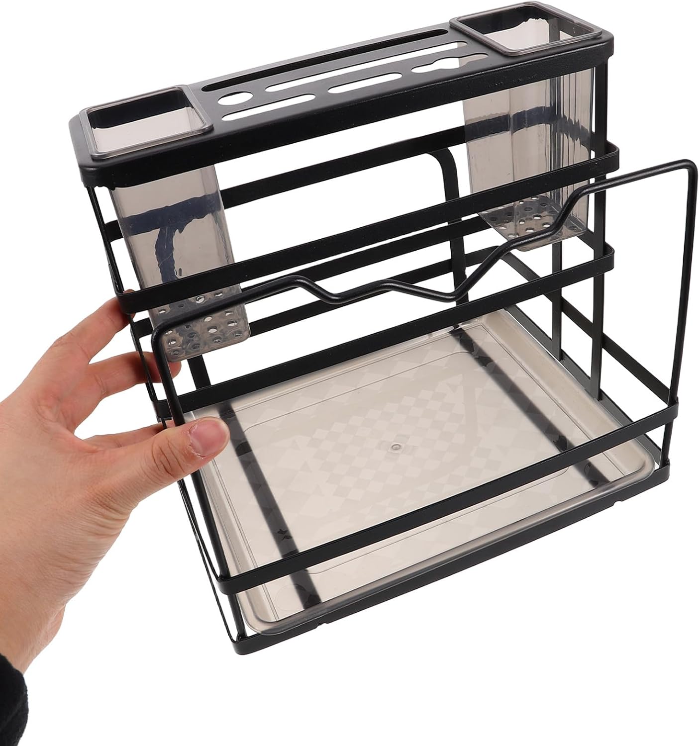 Ipetboom Multipurpose Carbon Steel Kitchen Utensil Holder with Knife and Cutting Board Rack, Black Countertop Sponge and Soap Tray Organizer for Home Kitchen Storage