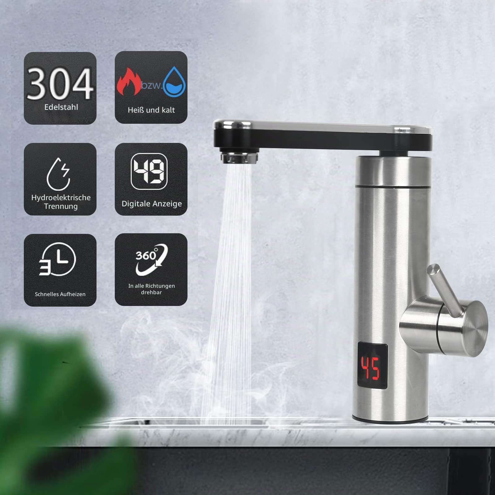 Elektrischer Wasserhahn für sofortiges heißes Wasser, 3 kW, elektrischer Wasserhahn für die Küche mit Digitalanzeige, 360 ° drehbar, Mischbatterie für Warmwasserbereiter aus Edelstahl