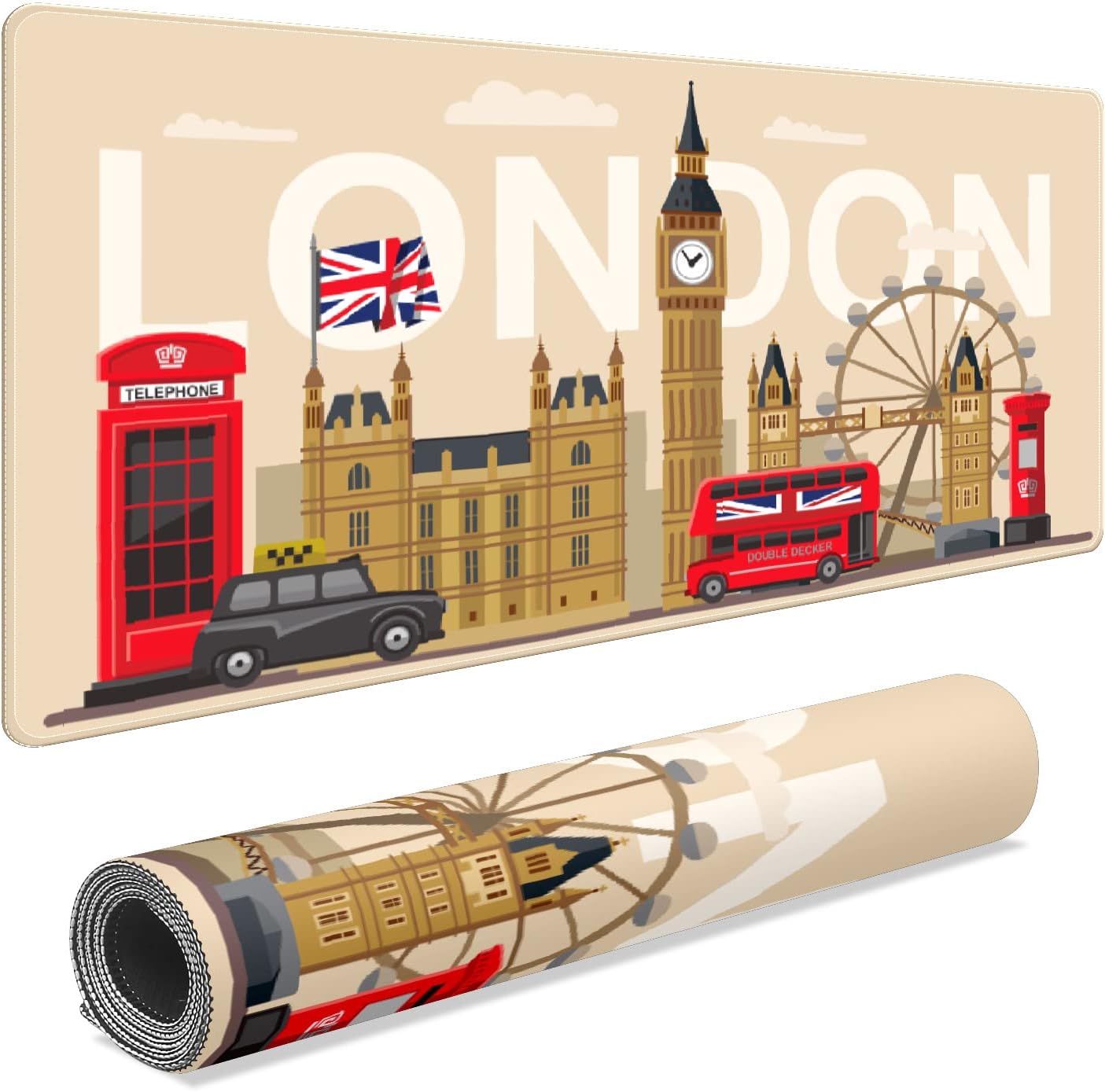 Large Gaming Mouse Pad Retro London UK British Flag Extended Keyboard Mat Stitched Edges Desk Mat for Desktop Game Player Home Office 35.4inx15.7in (Color : Multicolor, Size : One Size)